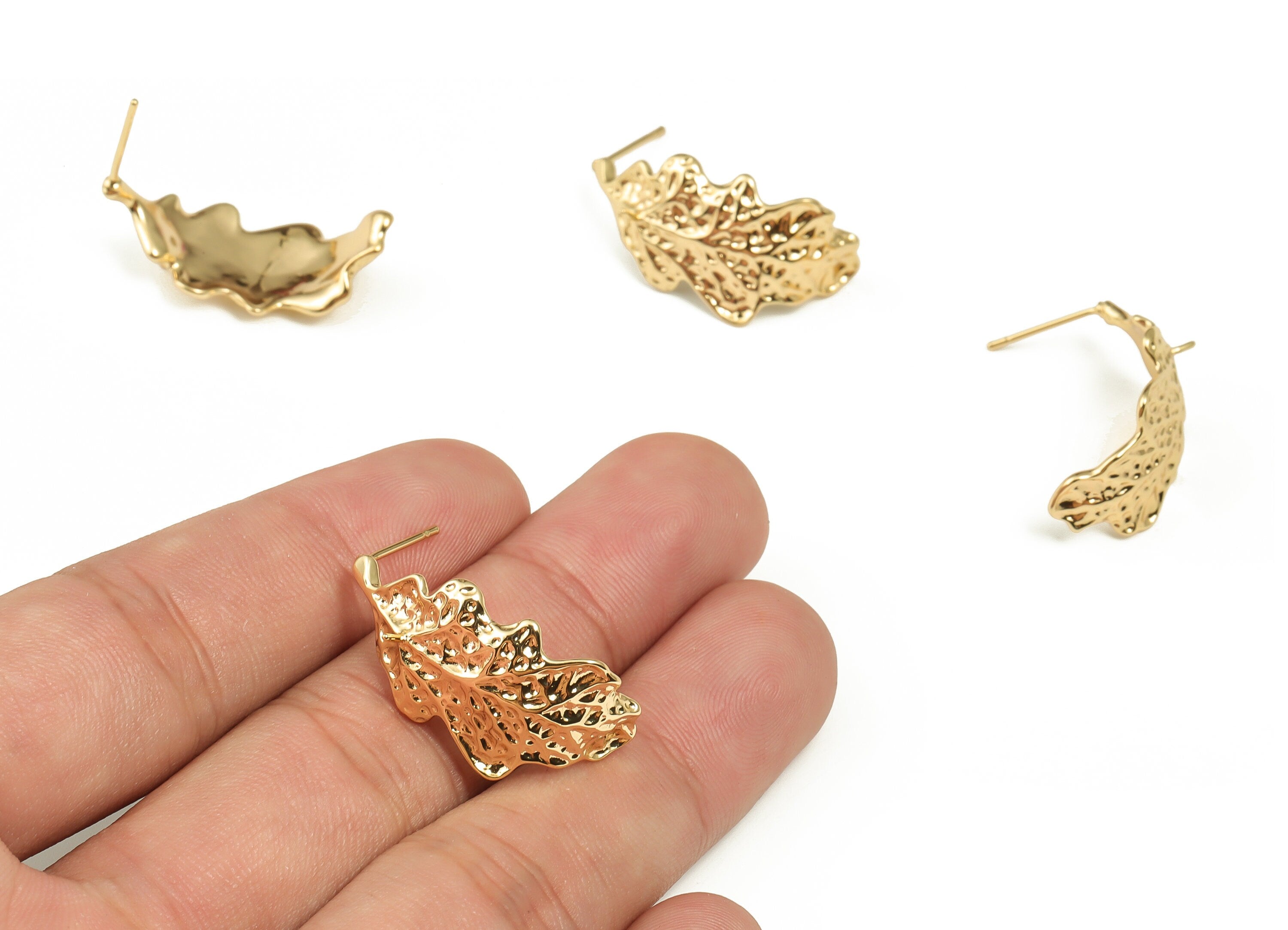 Brass Leaves Earring Post - Gold Leaves Earring Stud - 18K Real Gold Plated Brass - Stainless Steel Stud - 28.92x14.61x1.84mm - RGP3983 - DOMEDBAZAAR