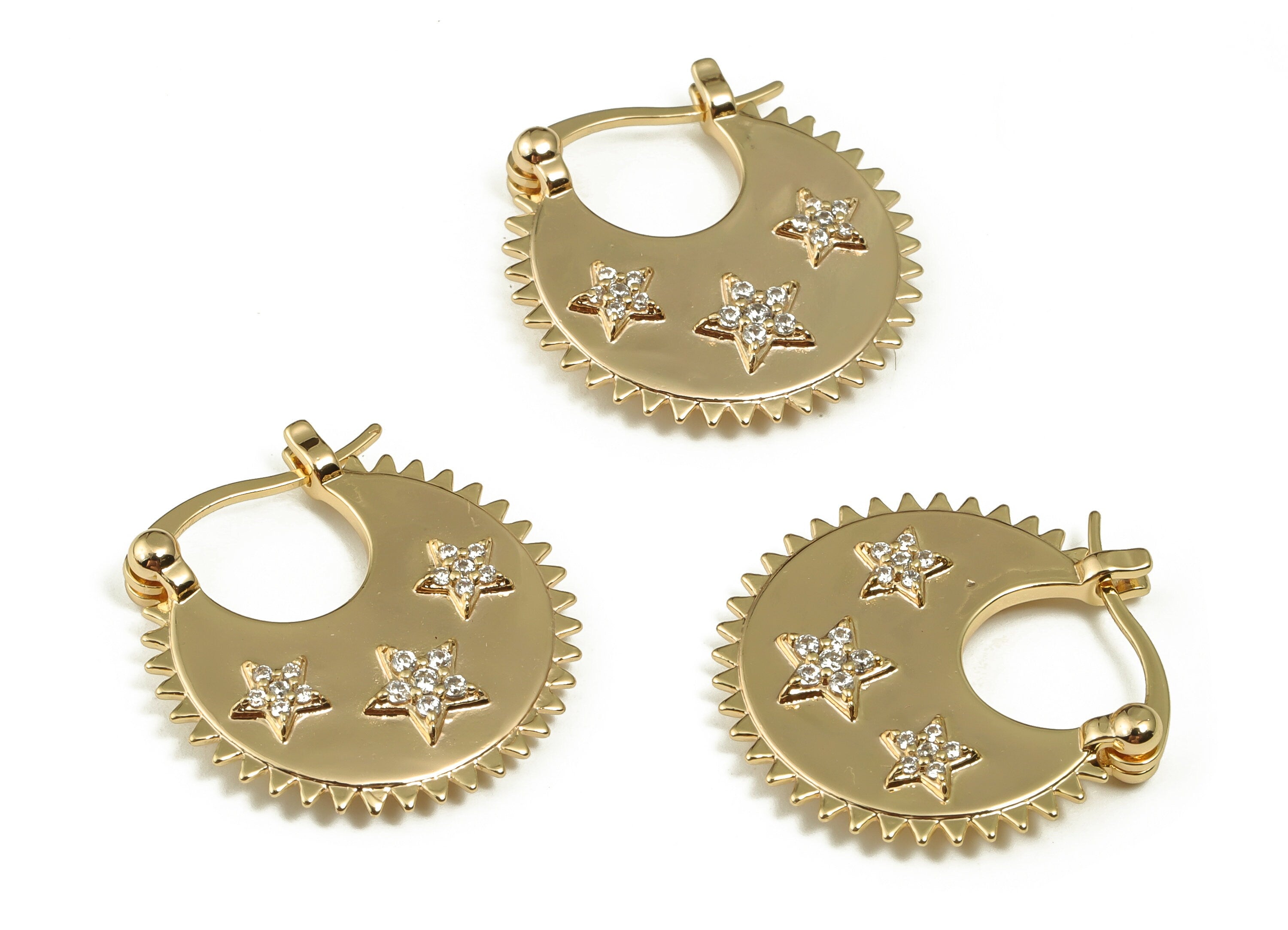 Brass Round Earring Clasp With Zircons - Gold Star Clasp - 18K Real Gold Plated Brass Clasp - Stainless Steel Stud - 23.8x22.5x4mm - RGP4009 - DOMEDBAZAAR