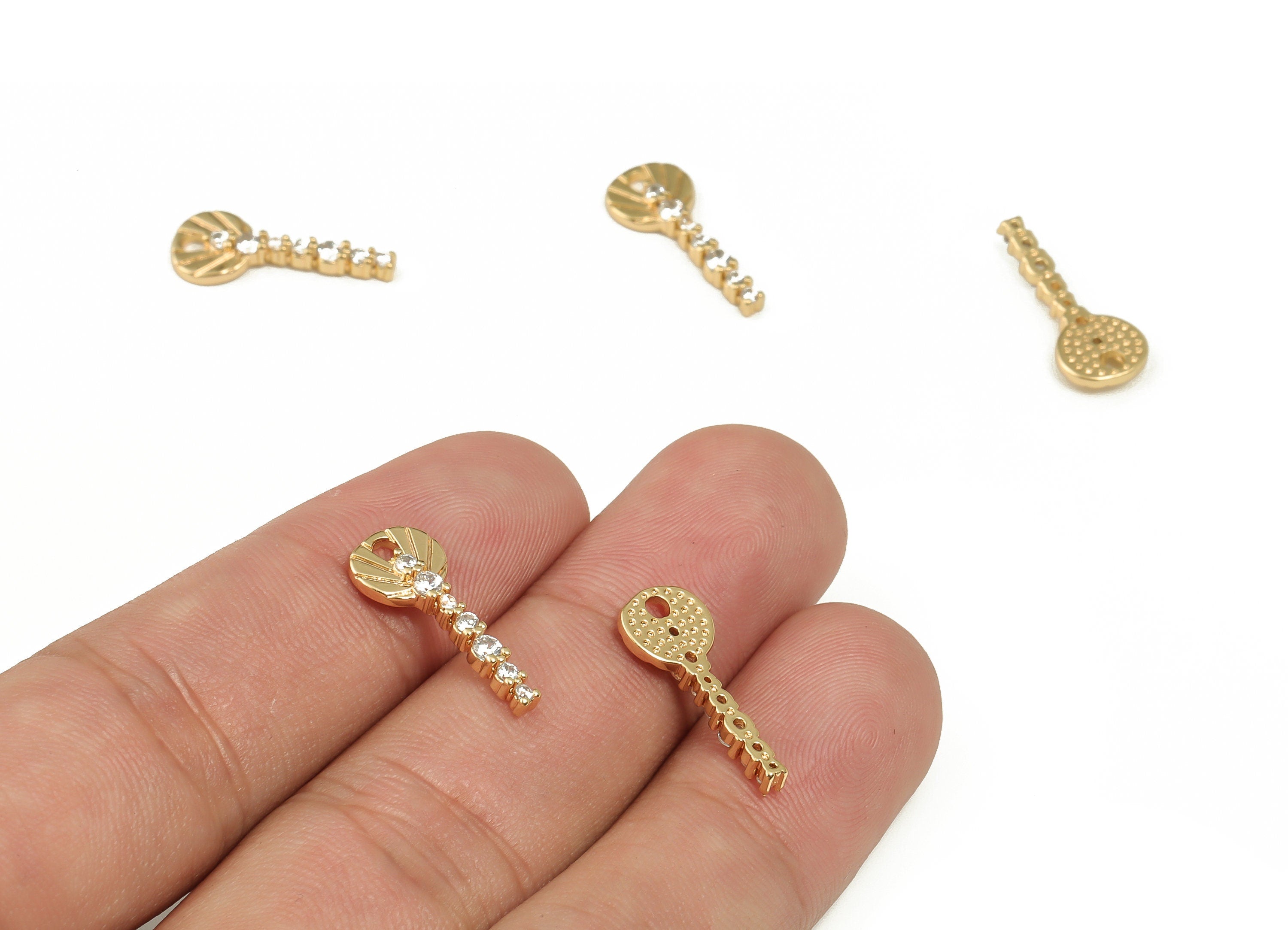 Brass key Earring Charms With Zircons - Gold key Pendant - 18K Real Gold Plated Brass - Jewelry Making Supplies - 18.65x7.52x2.2mm - RGP3982 - DOMEDBAZAAR
