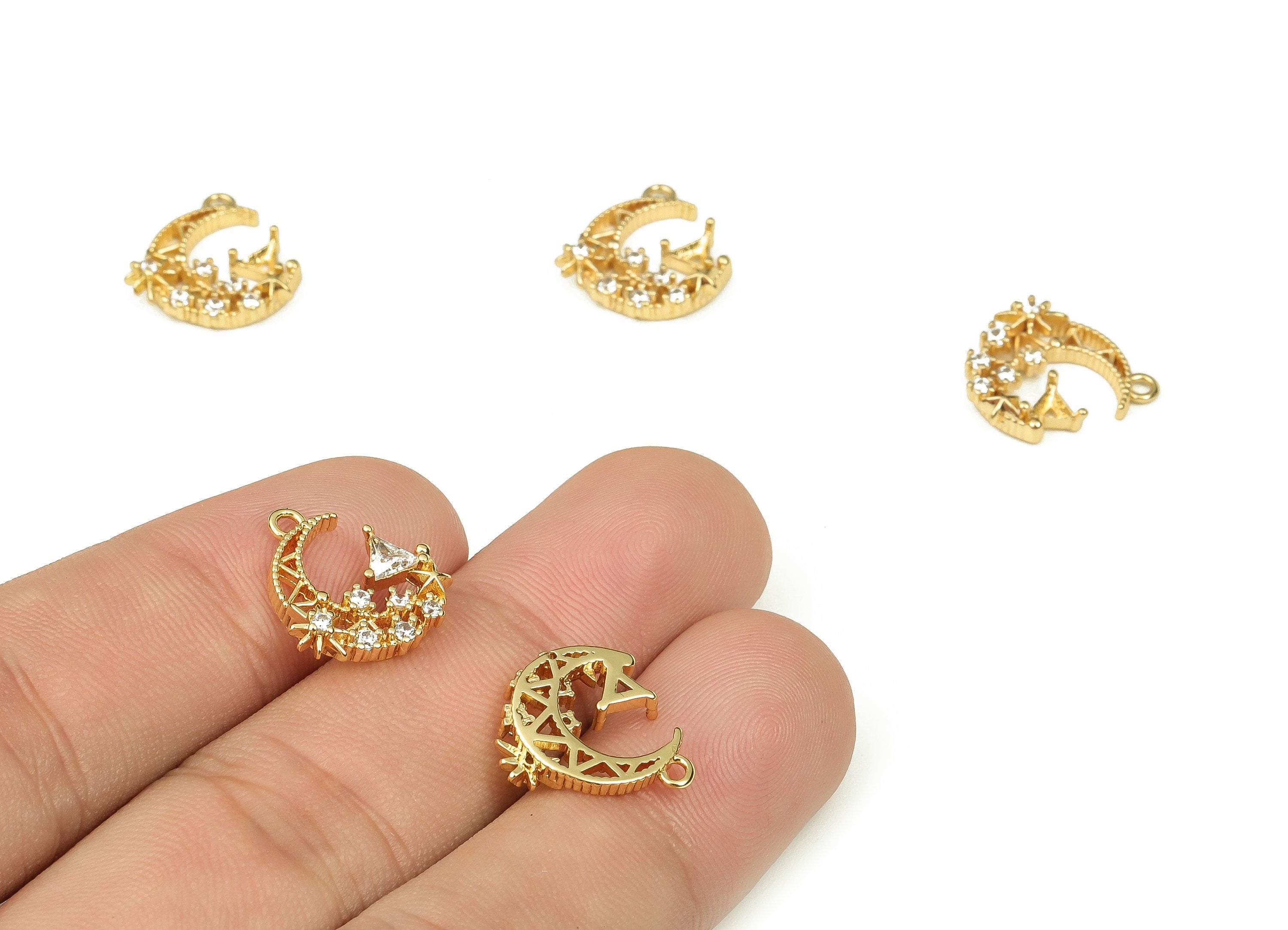 Brass Crescent Moon and Star charm - Zircon Moon Pendant - 18K Gold Plated Brass Charm - Jewelry Making Supplies -15.31x13.45x3.57mm-RGP3352 - DOMEDBAZAAR