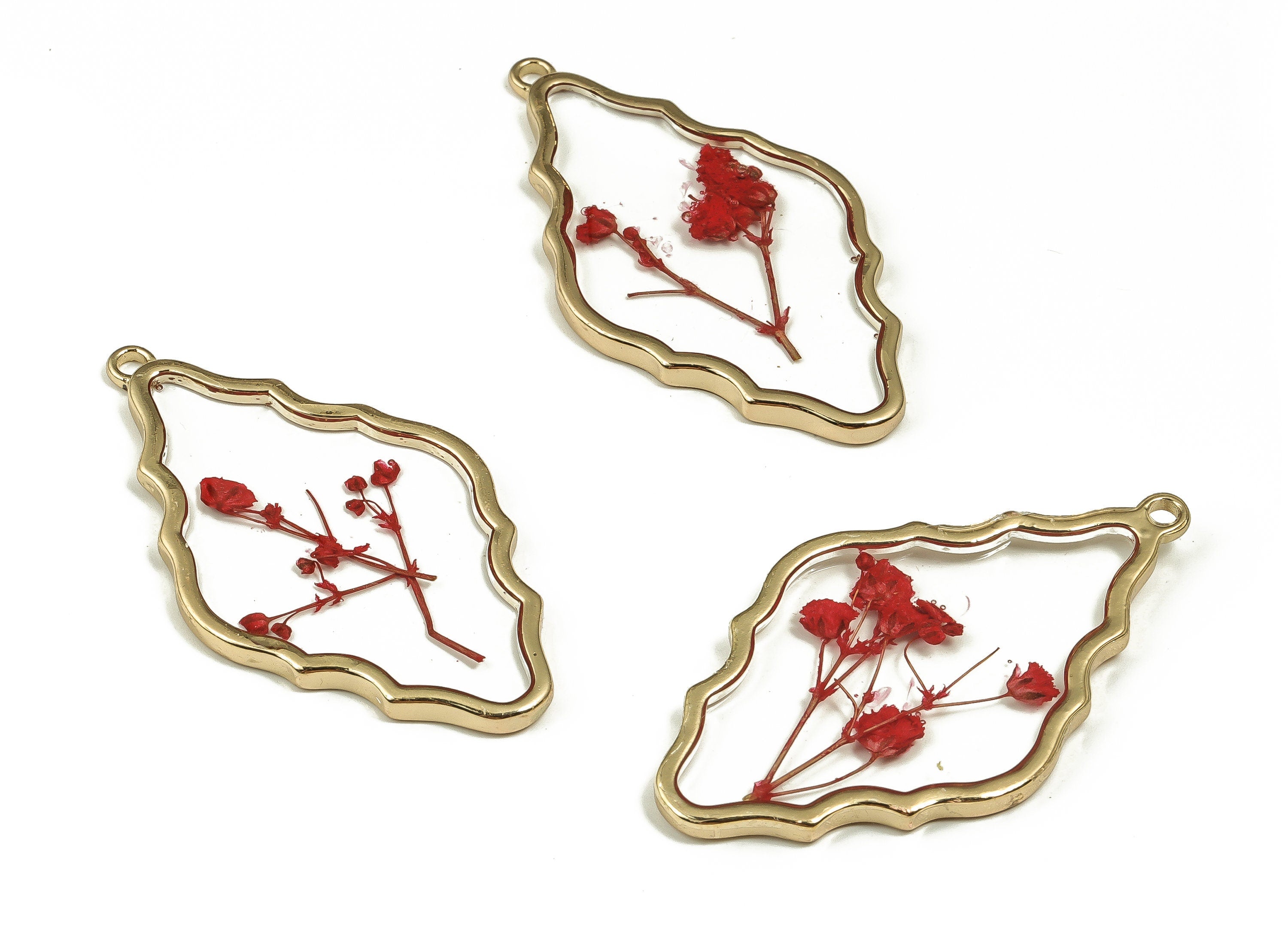 Epoxy Resin Diamond Real Flower Earring Charms - Epoxy Resin Embossed Stars Pendant - Gold Tone Plated Alloy - 50.6x28.07x3.11mm - ZZ1853 - DOMEDBAZAAR