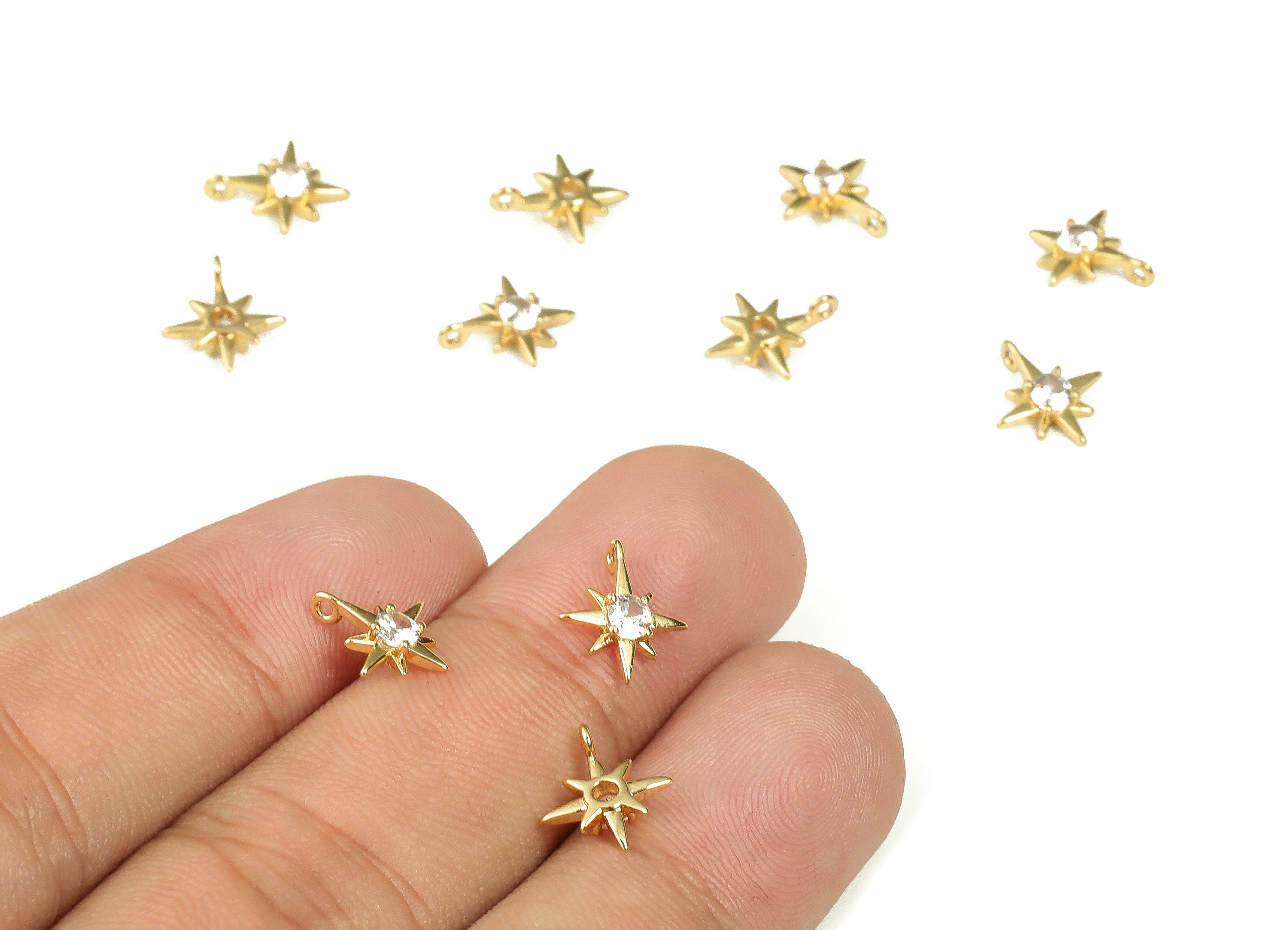 Brass Star Charm Earrings - Brass Star Pendant with Zircon - 18K Real Gold Plated Brass Studs - Jewelry Supplies -10.54x9.05x2.51mm- RGP3335 - DOMEDBAZAAR