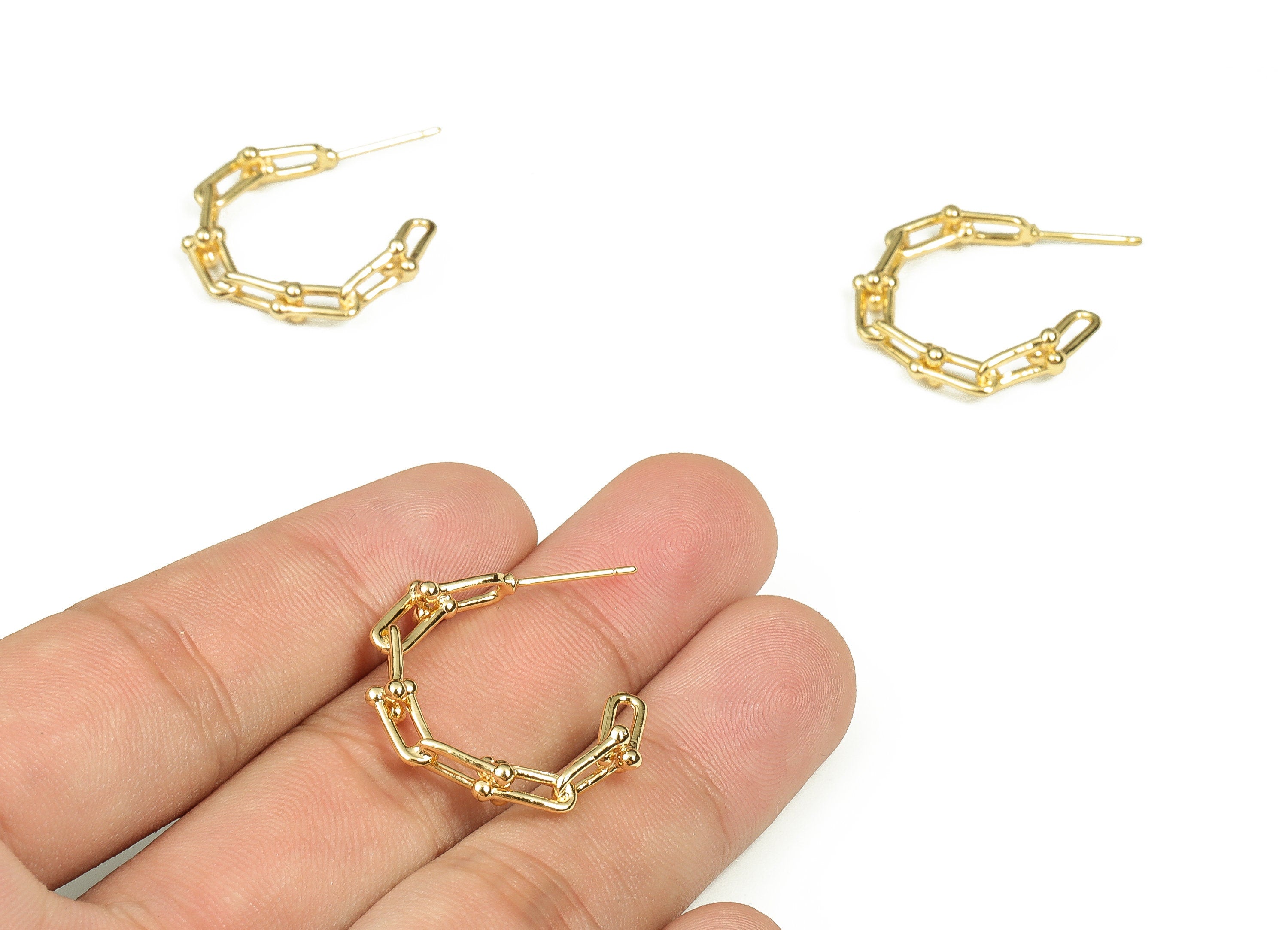 Brass C Earring Post – Chain Hoop Earring Stud - 18K Real Gold Plated Brass - 316 Surgical Stainless Steel - 30.86x25.06x1.09mm - RGP3336 - DOMEDBAZAAR