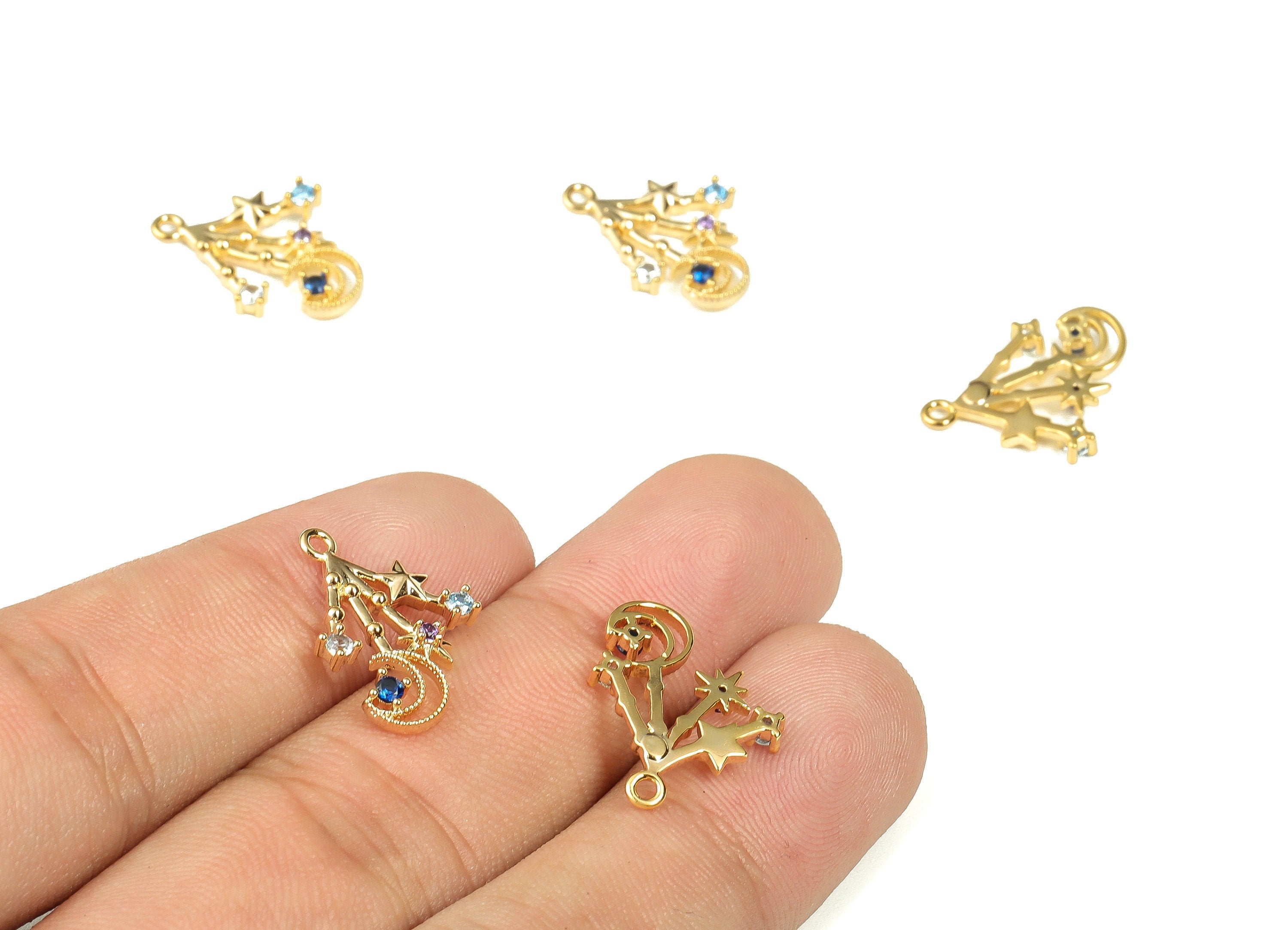 Brass Crescent Moon and Stars Earring Charm Pendants - Zircon DropDangle Charm - 18k Real Gold Plated Brass -18.98x13.63x2.36mm- RGP3341 - DOMEDBAZAAR