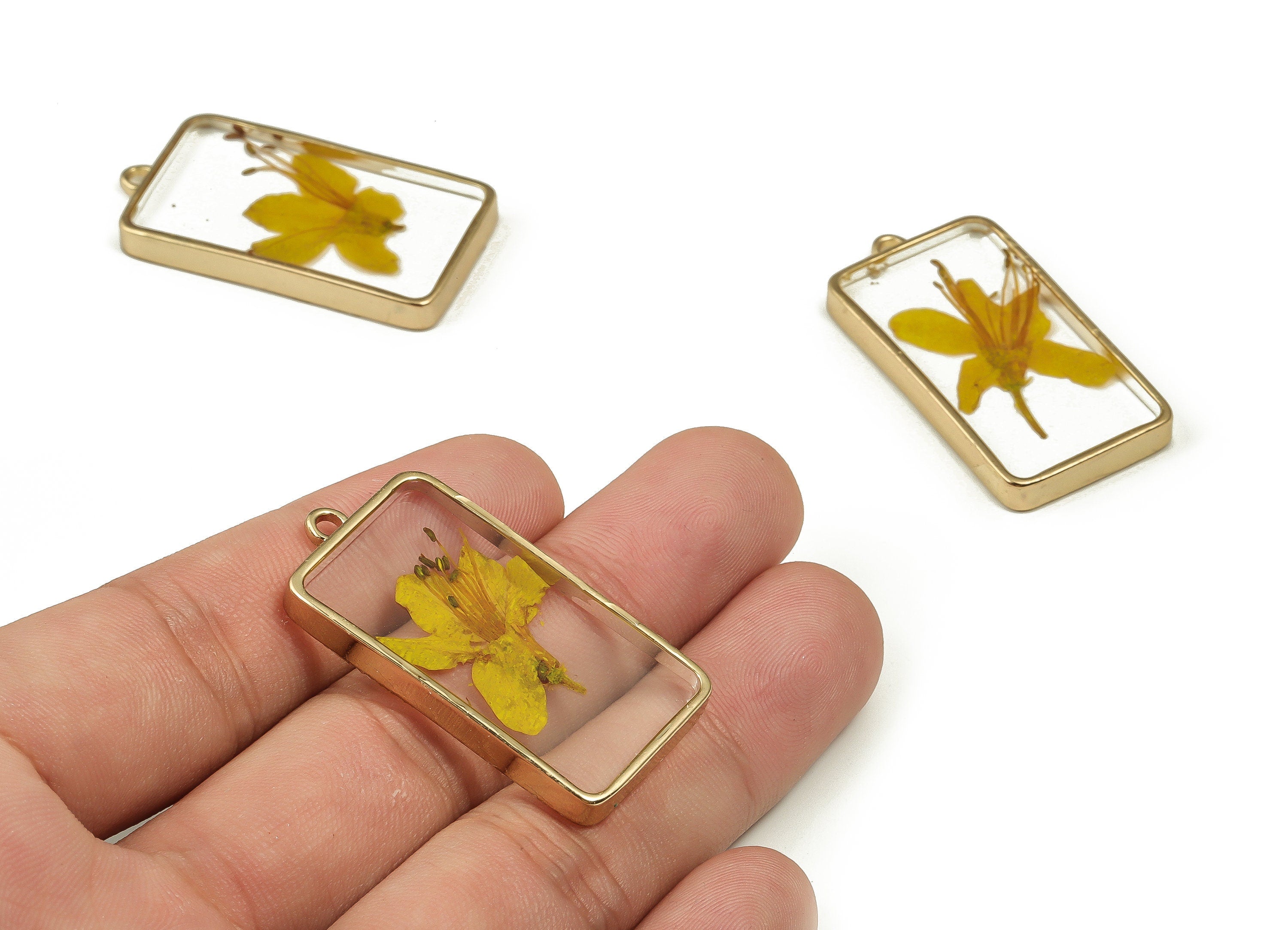 Epoxy Resin Rectangle Real Flower Earring Charms - Epoxy Resin Rhododendron Pendant - Gold Tone Plated Alloy - 40.31x20.59x4.42mm - ZZ1875 - DOMEDBAZAAR
