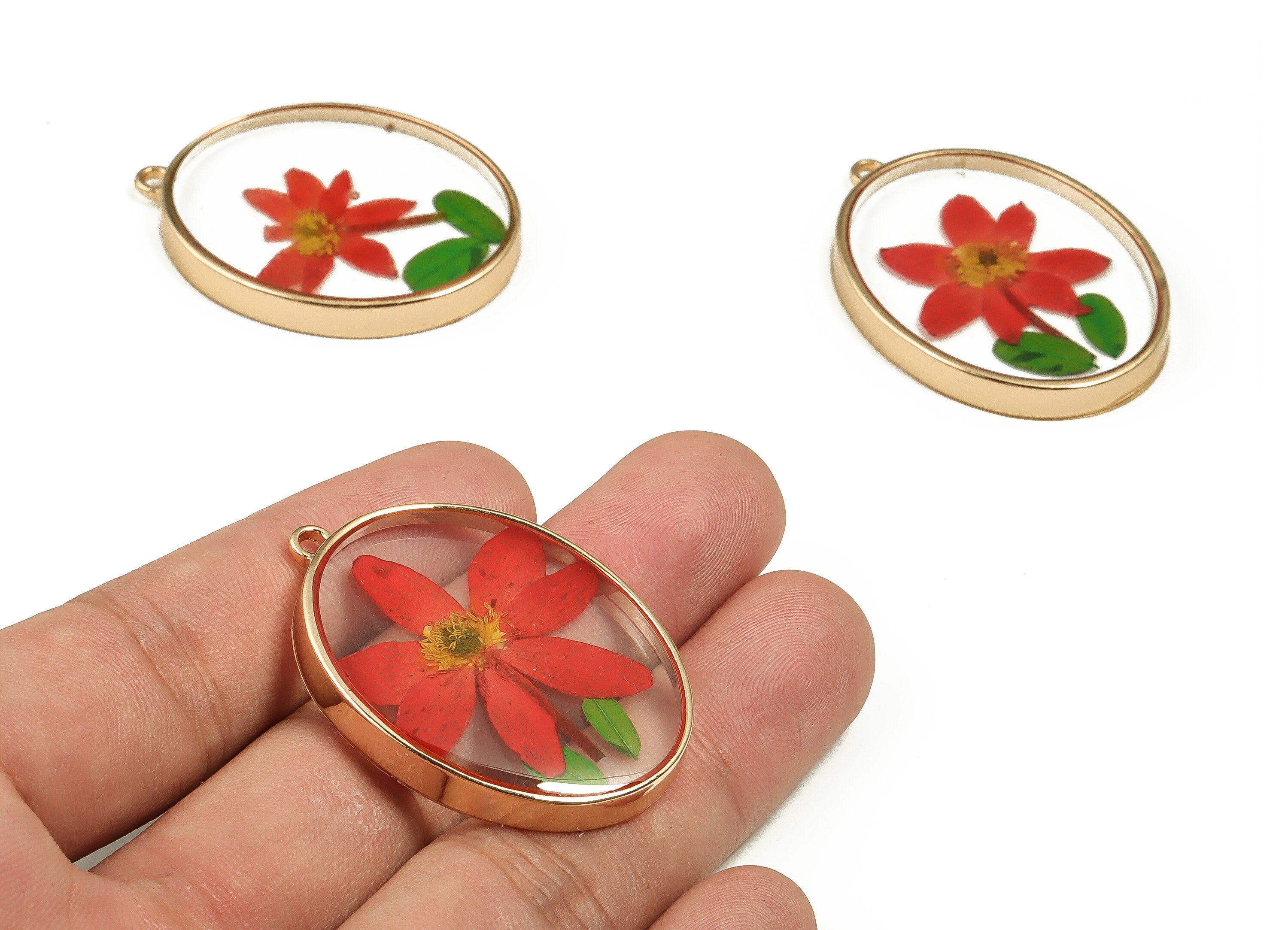 Epoxy Resin Oval Real Flower Earring Charms - Epoxy Resin Annunciator Pendant - Gold Tone Plated Alloy - 41.32x30.08x5.07mm - ZZ1882 - DOMEDBAZAAR
