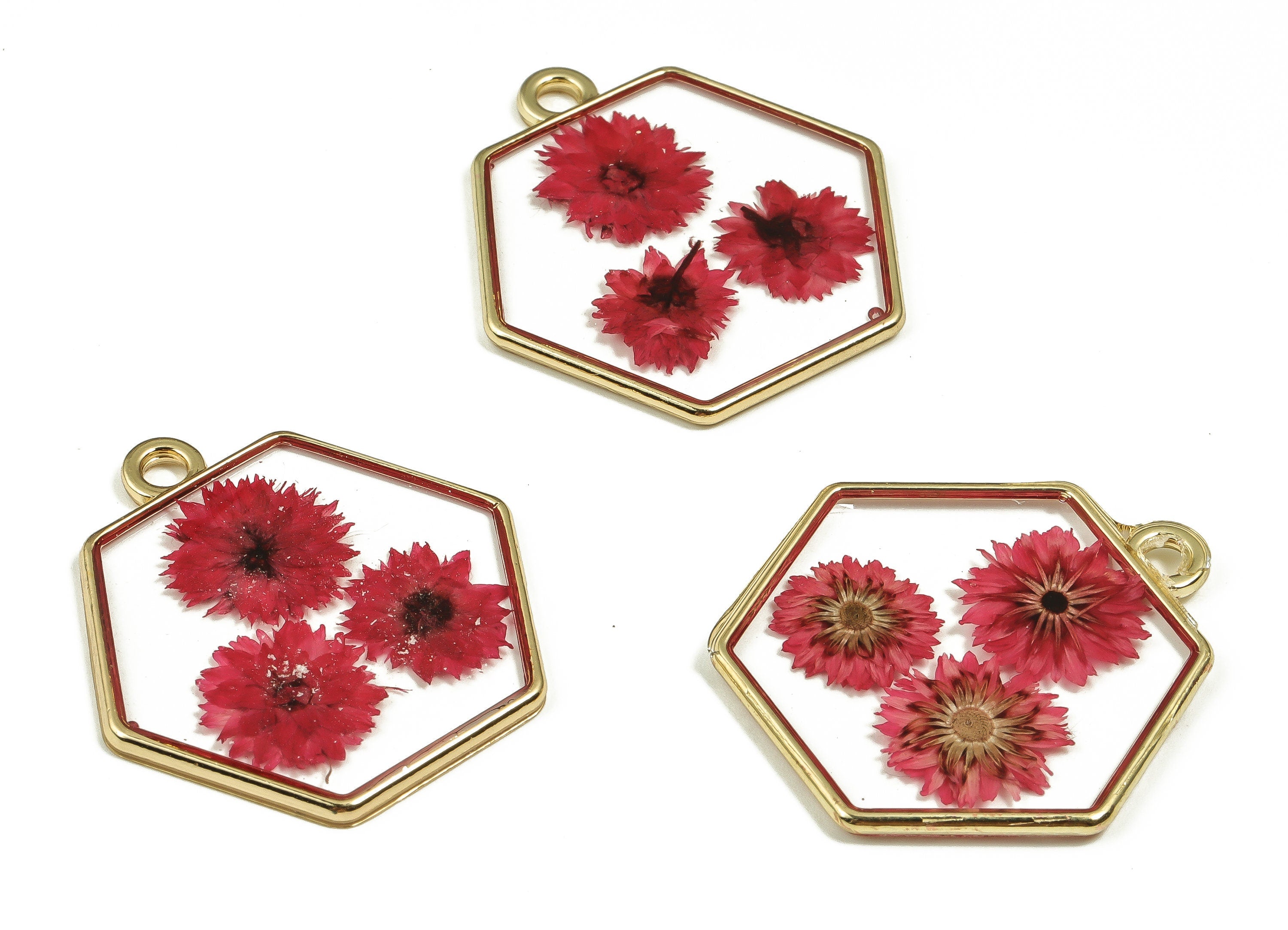 Epoxy Resin Hexagon Real Flower Earring Charms - Epoxy Resin Xiao Xiangqing Pendant - Gold Tone Plated Alloy - 28.53x27.94x2.83mm - ZZ1827 - DOMEDBAZAAR