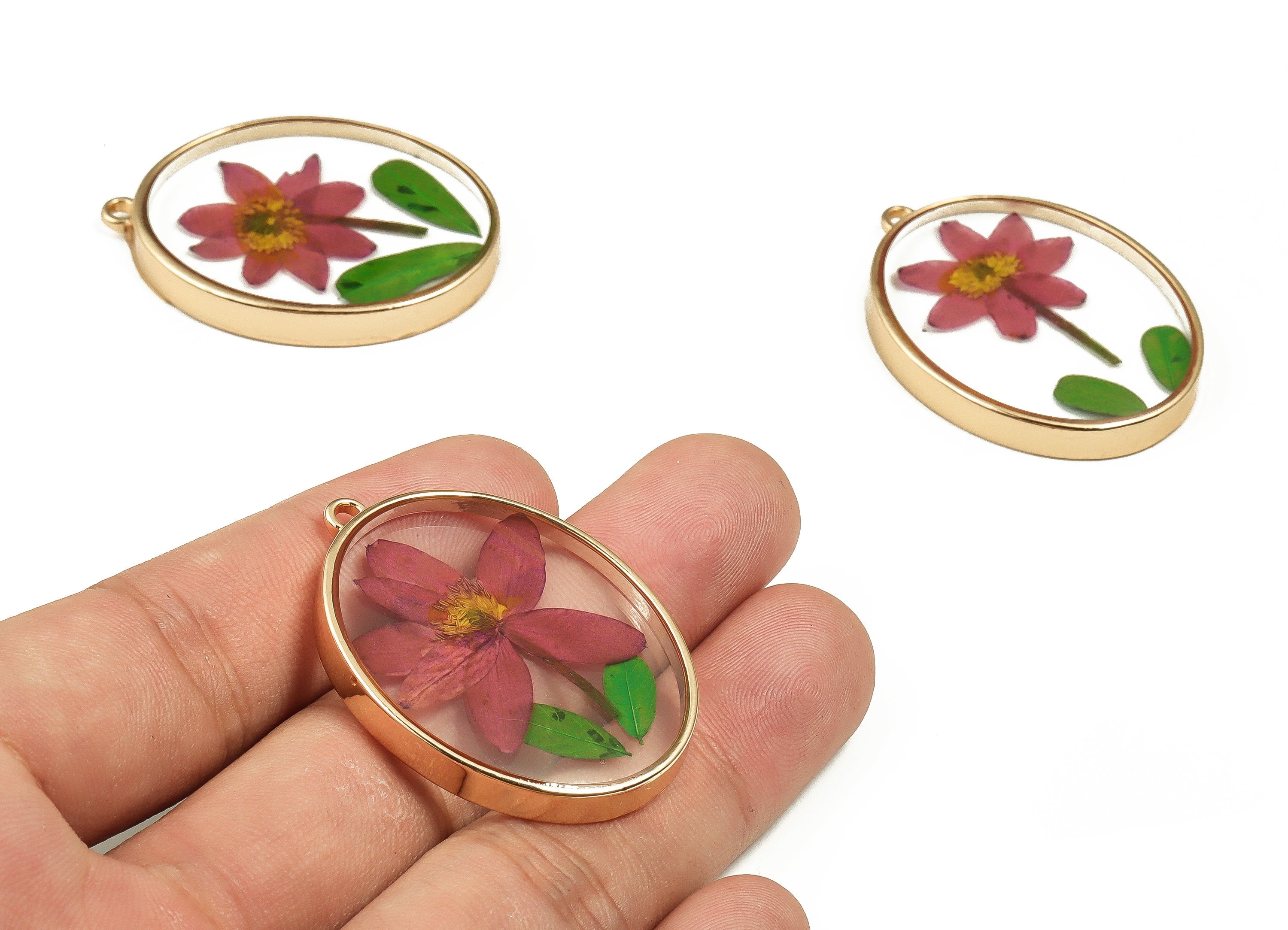 Epoxy Resin Oval Real Flower Earring Charms - Epoxy Resin Annunciator Pendant - Gold Tone Plated Alloy - 41.33x30.29x5.23mm - ZZ1881 - DOMEDBAZAAR