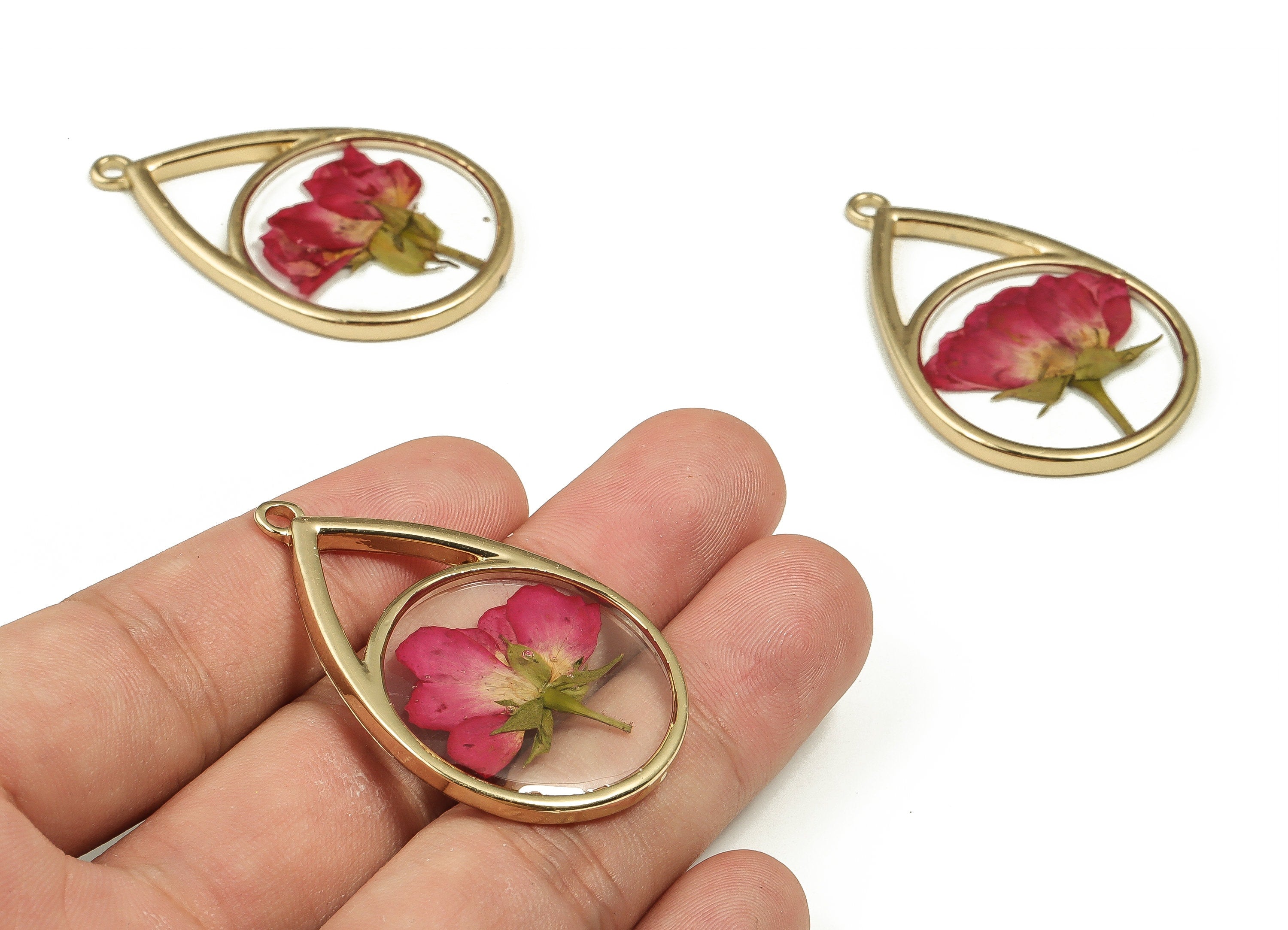 Epoxy Resin Drop Real Flower Earring Charms - Epoxy Resin Chinese Rose Pendant - Gold Tone Plated Alloy - 46.38x29.92x3.32mm - ZZ1851 - DOMEDBAZAAR