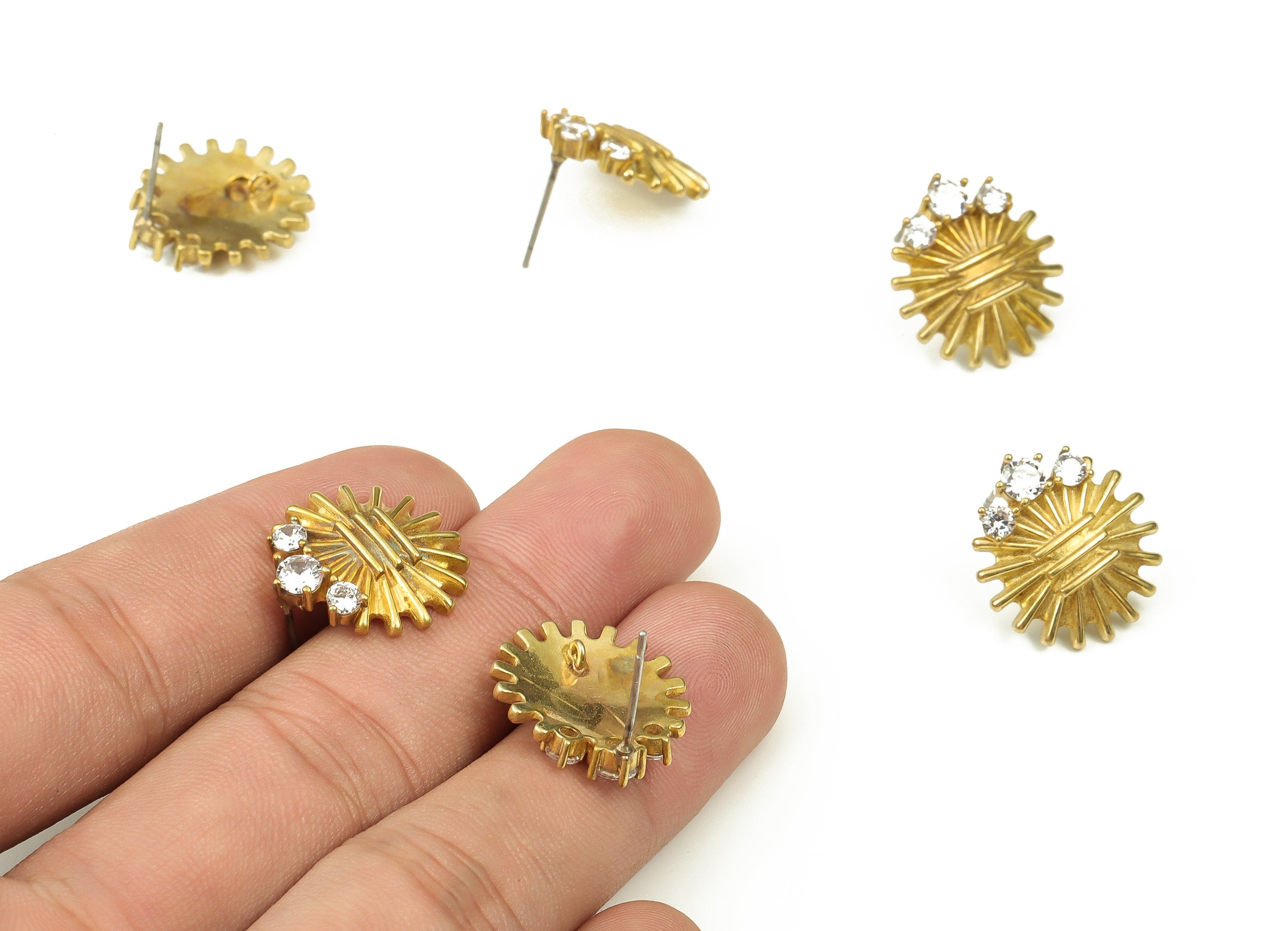 Brass Sun Earring Stud- Raw Brass Sun Earring Post- Stainless Steel Stud- Sun Earring Stud Zircon- Jewelry Supplies-19.2x17.4x3.7mm - PP4530 - DOMEDBAZAAR