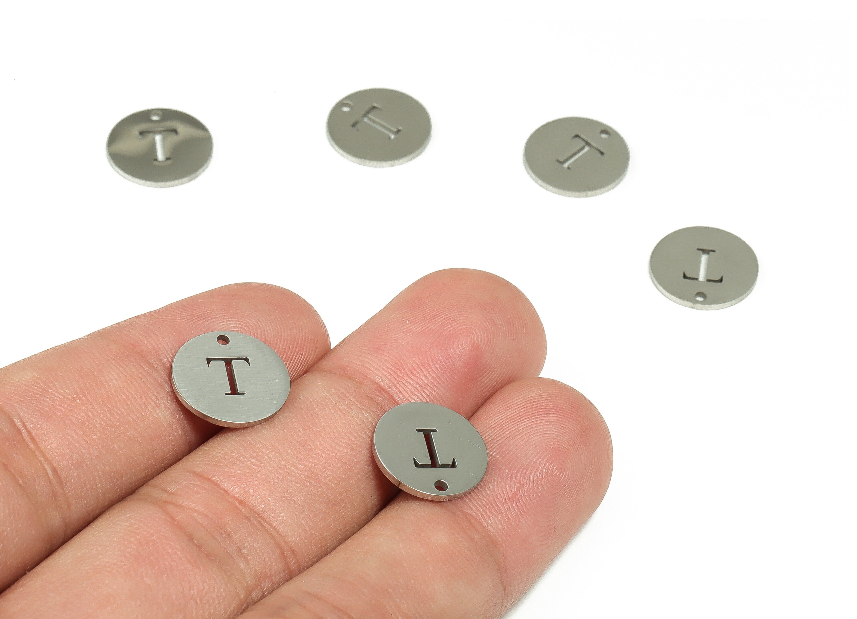 Stainless Steel Round Earring Charms - Stainless Steel The letter T Pendant - Earring Findings - Jewelry Supplies - 12x12x1mm - SS1215T - DOMEDBAZAAR