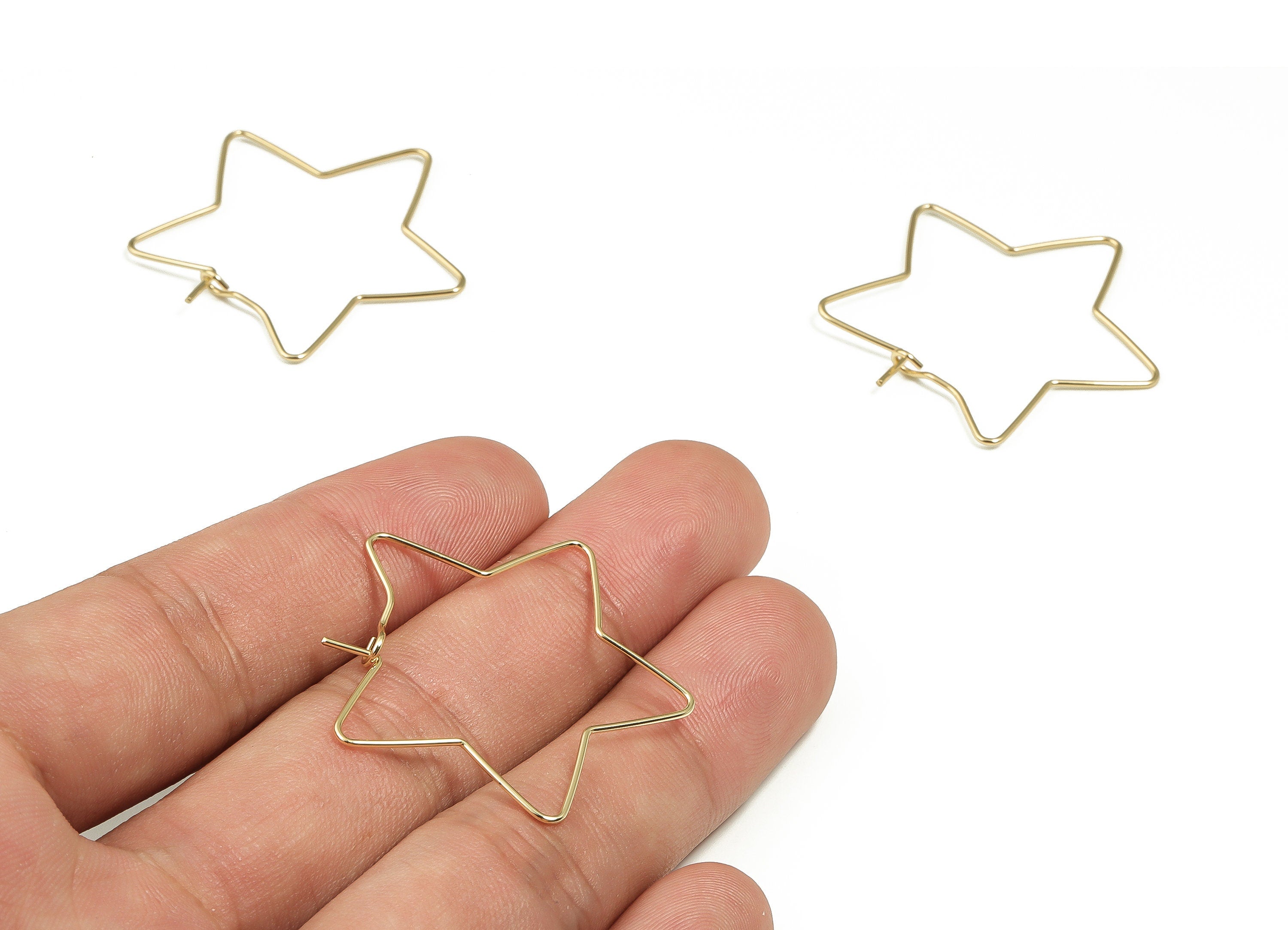 Brass Star Hoop Earrings - Valentine Star Earring - Gold Star Hoops - Wire Hoops - 18k Real Gold Plated Brass - 35.31x33.65x0.77mm - RGP3384 - DOMEDBAZAAR