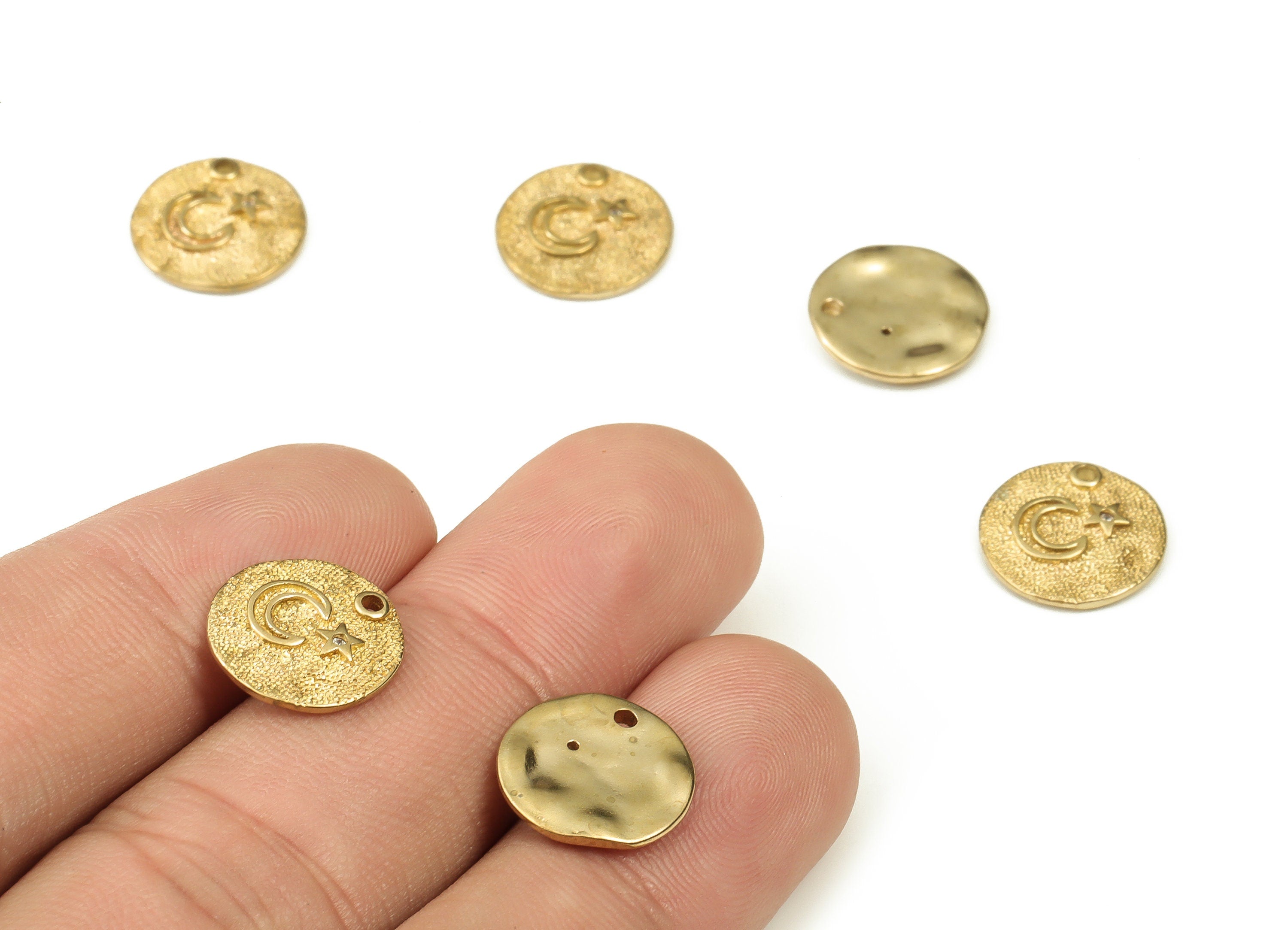 Brass Round Earring Charm - Zircon Circle Moon Star Pendant – Earring Findings – Jewelry Making Supplies - 12.29x12.51x1.78mm - PP4521 - DOMEDBAZAAR