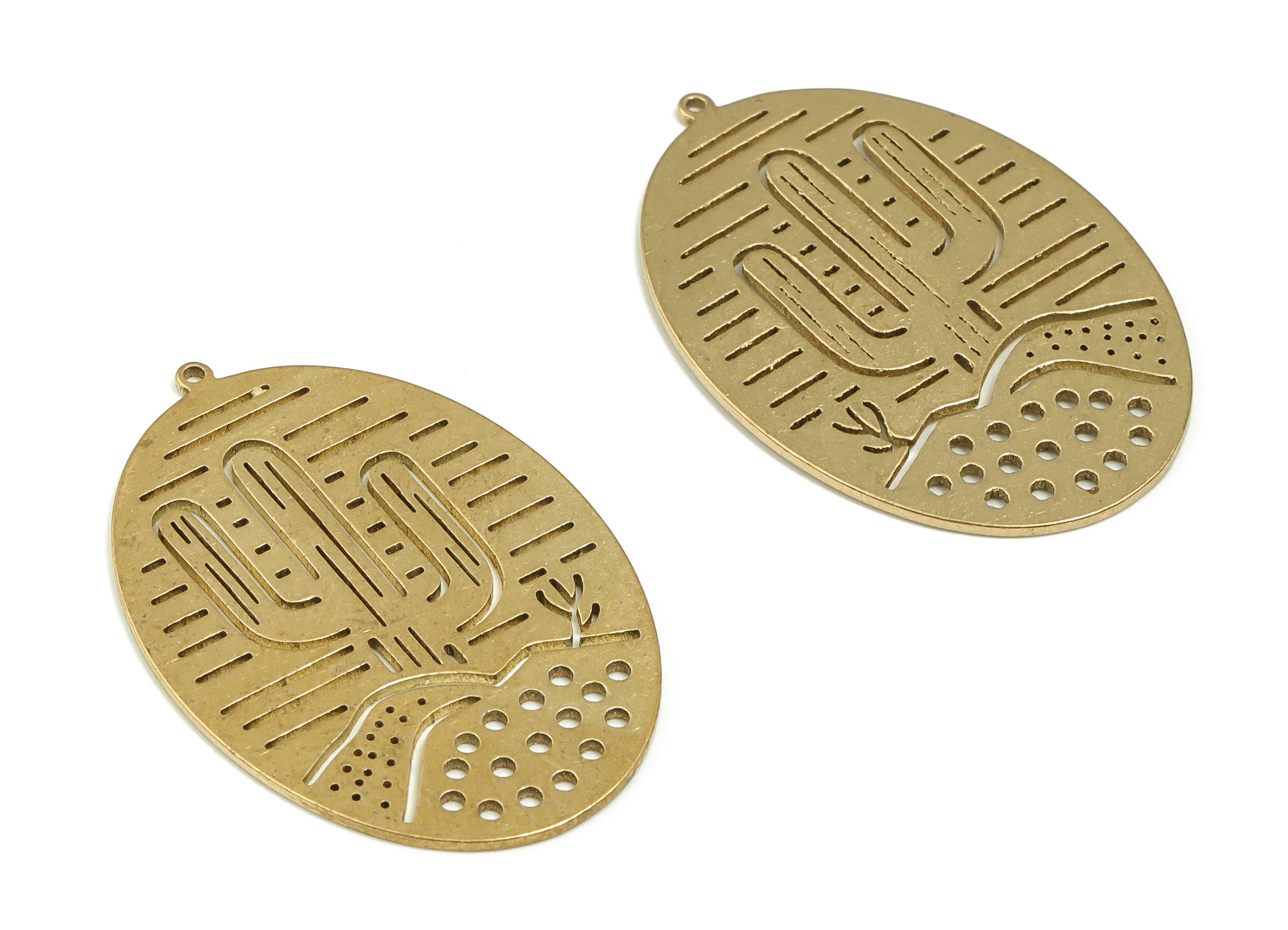 Raw Brass Oval Cactus Pendant – Brass Oval Cactus Earring Charm - Earring Findings - Jewelry Making Supplies - 29.84x20.23x0.69mm - PP4253 - DOMEDBAZAAR