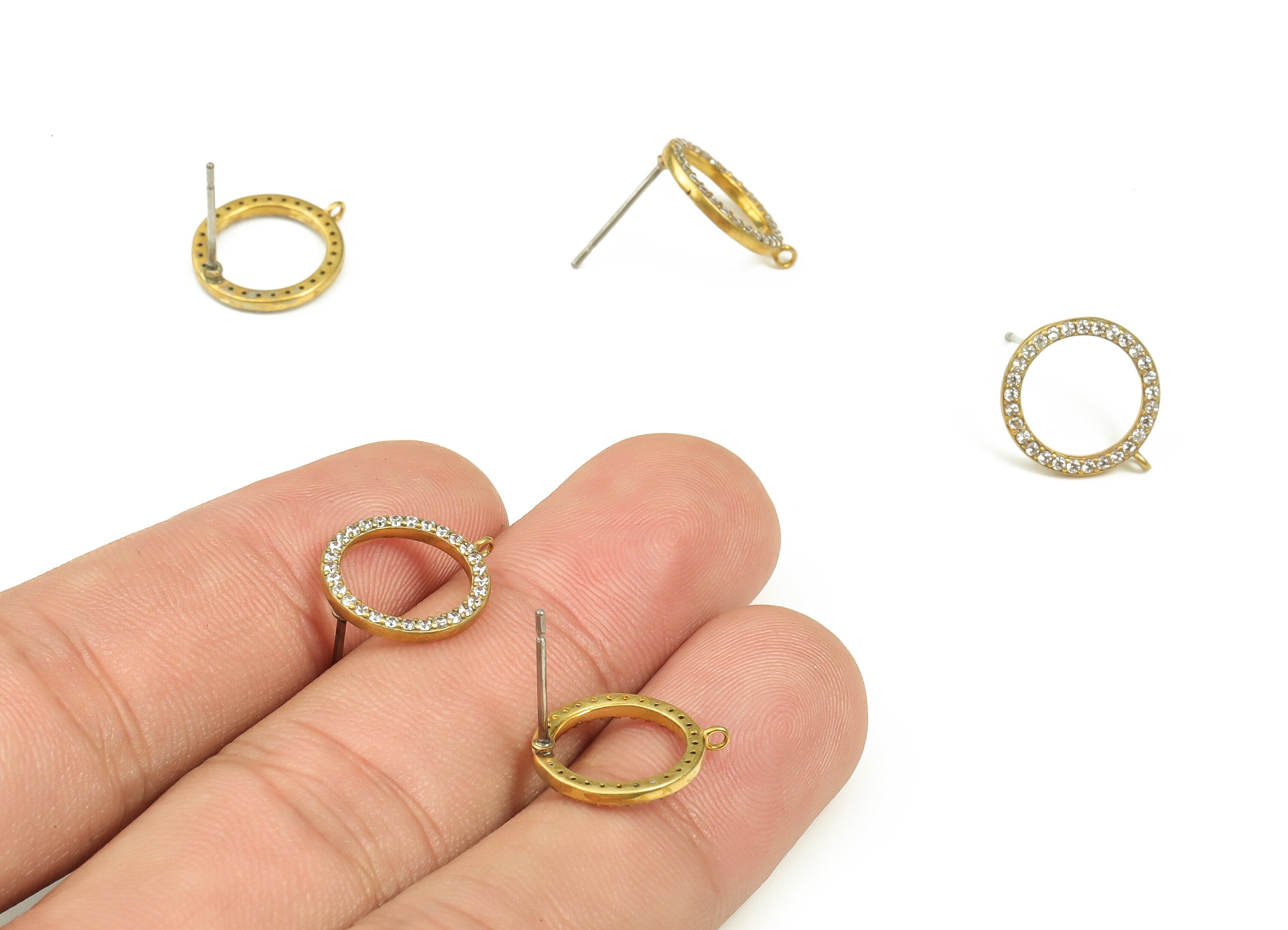 Brass Round Earring Stud With Zircons - Raw Brass Circle Earring Post - Brass Stud - Jewelry Making Supplies - 14.6x12.75x1.55mm - PP4479 - DOMEDBAZAAR