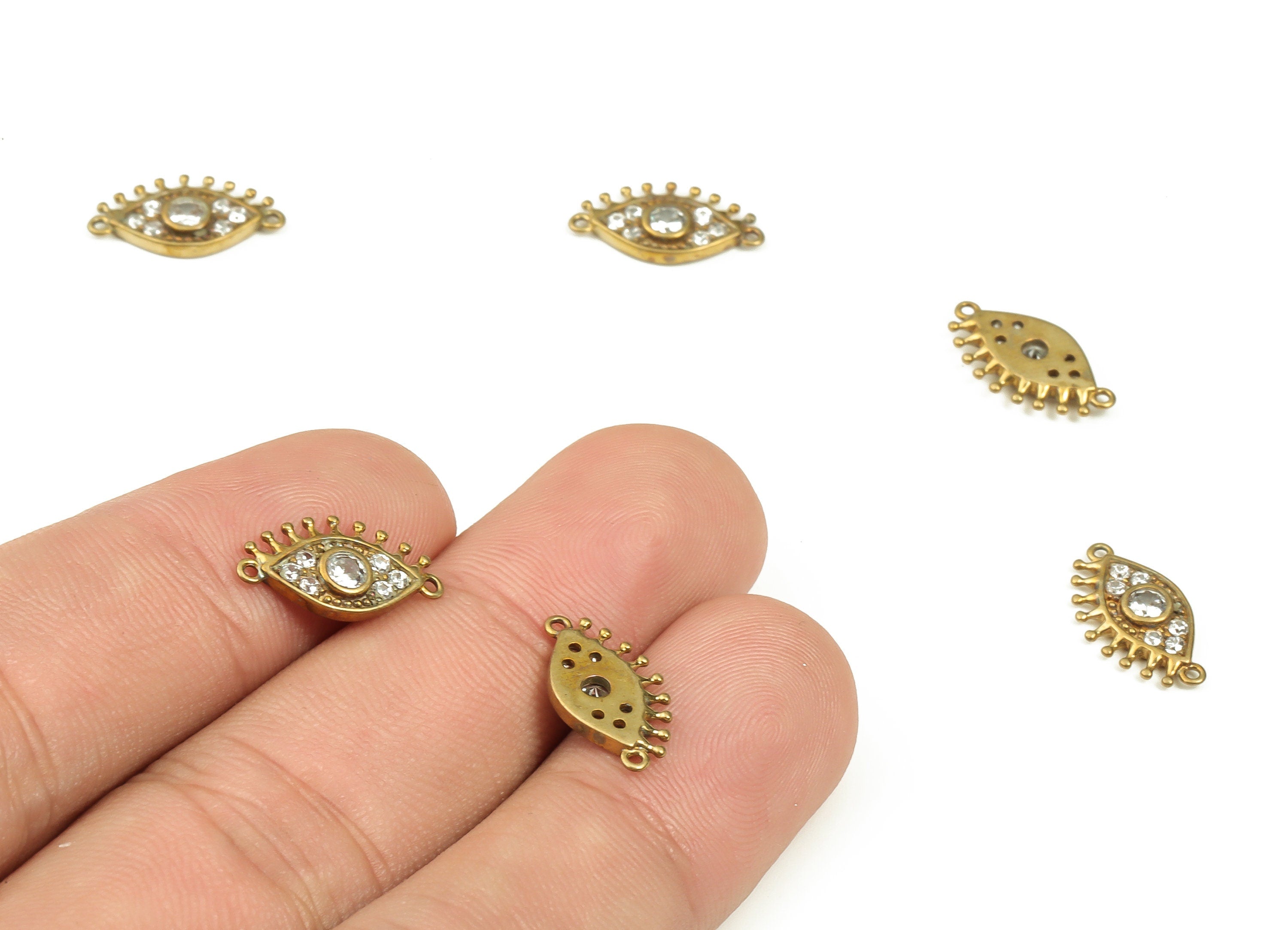 Brass Eye Connector - Zircon Eye Charm - Raw Brass Evil Eye Connector – Eye Pendant - Jewelry Making Supplies - 14.86x8.13x1.93mm - PP4480 - DOMEDBAZAAR