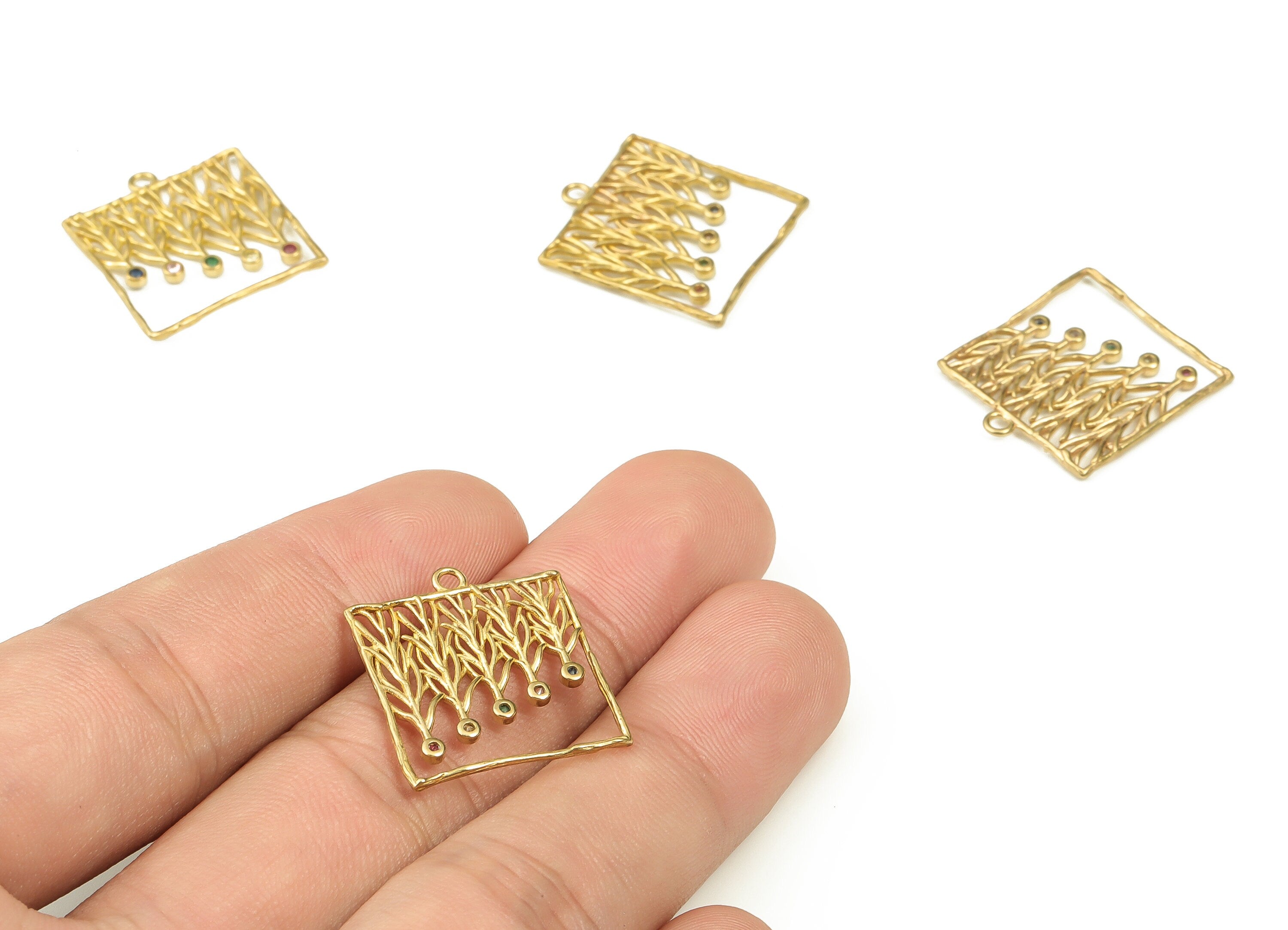 Brass Square Earring Charms With Zircons - Raw Brass Branches Pendant - Earrings Finding - Jewelry Making Supplies - 22x19.9x1.4mm - PP4486 - DOMEDBAZAAR