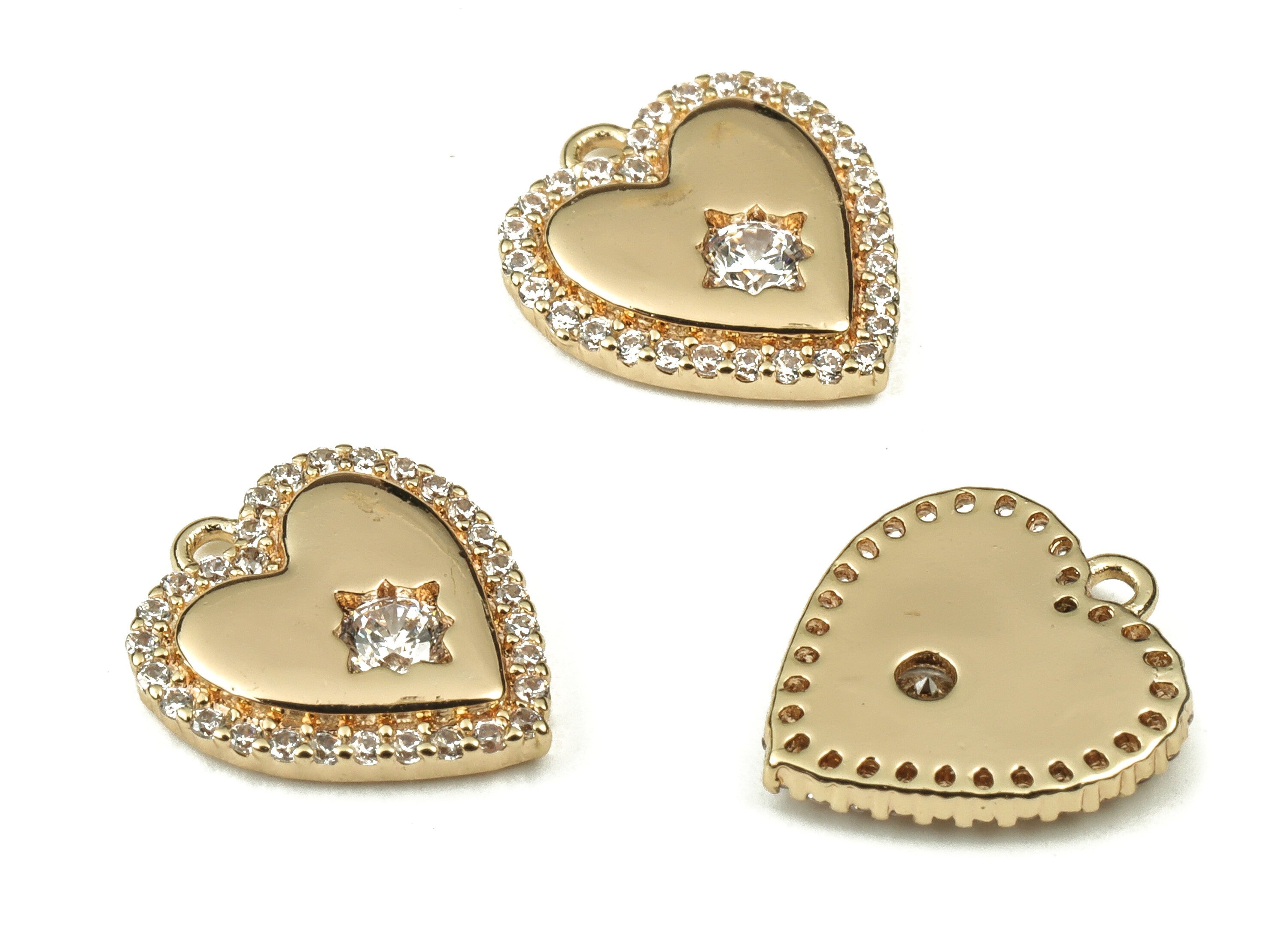 Brass Heart Earring Charms With Zircons - Gold Star Pendant - 18K Real Gold Plated Brass - Jewelry Making Supplies - 11.5x10x1.9mm - RGP3792 - DOMEDBAZAAR