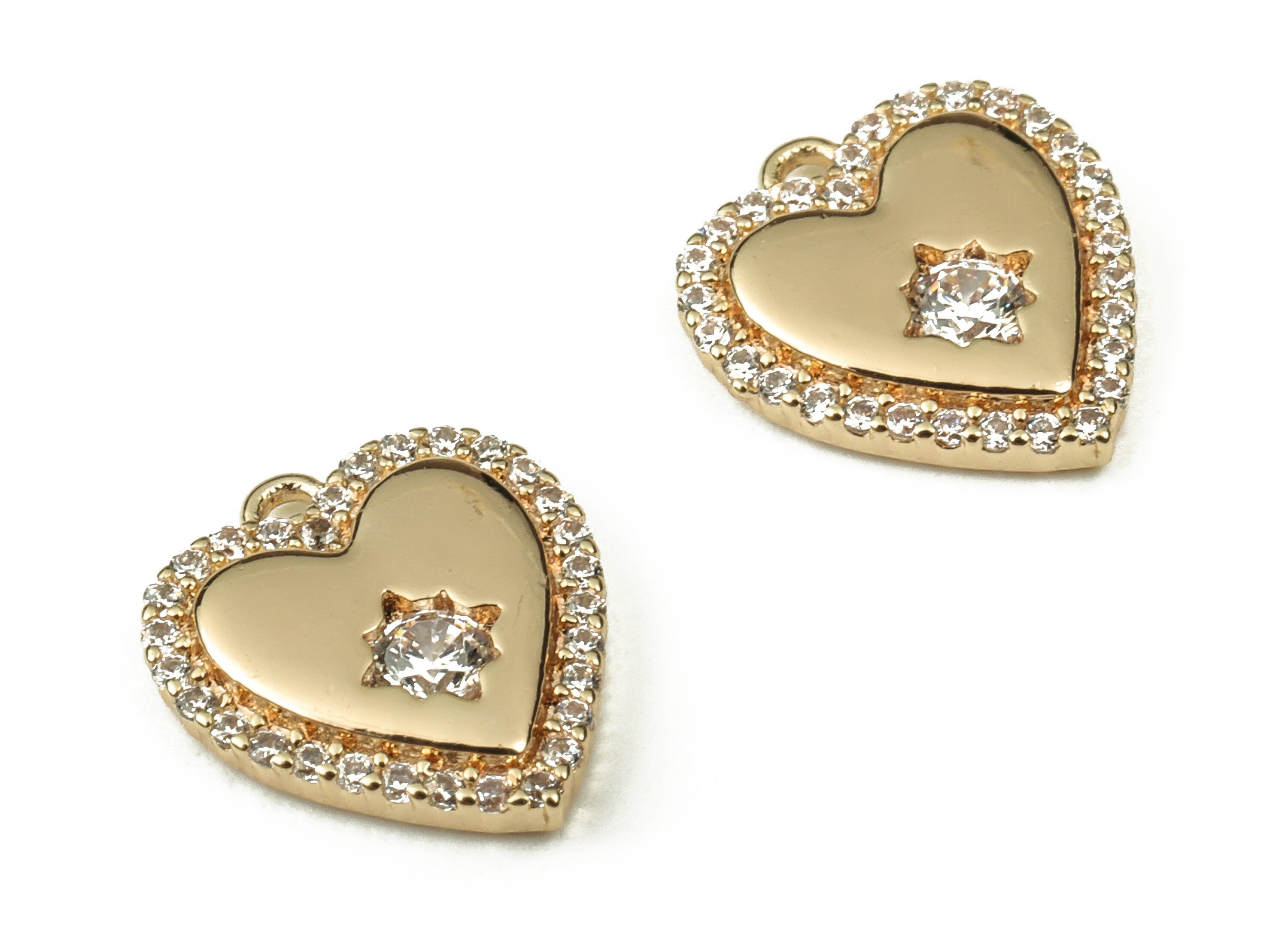 Brass Heart Earring Charms With Zircons - Gold Star Pendant - 18K Real Gold Plated Brass - Jewelry Making Supplies - 11.5x10x1.9mm - RGP3792 - DOMEDBAZAAR