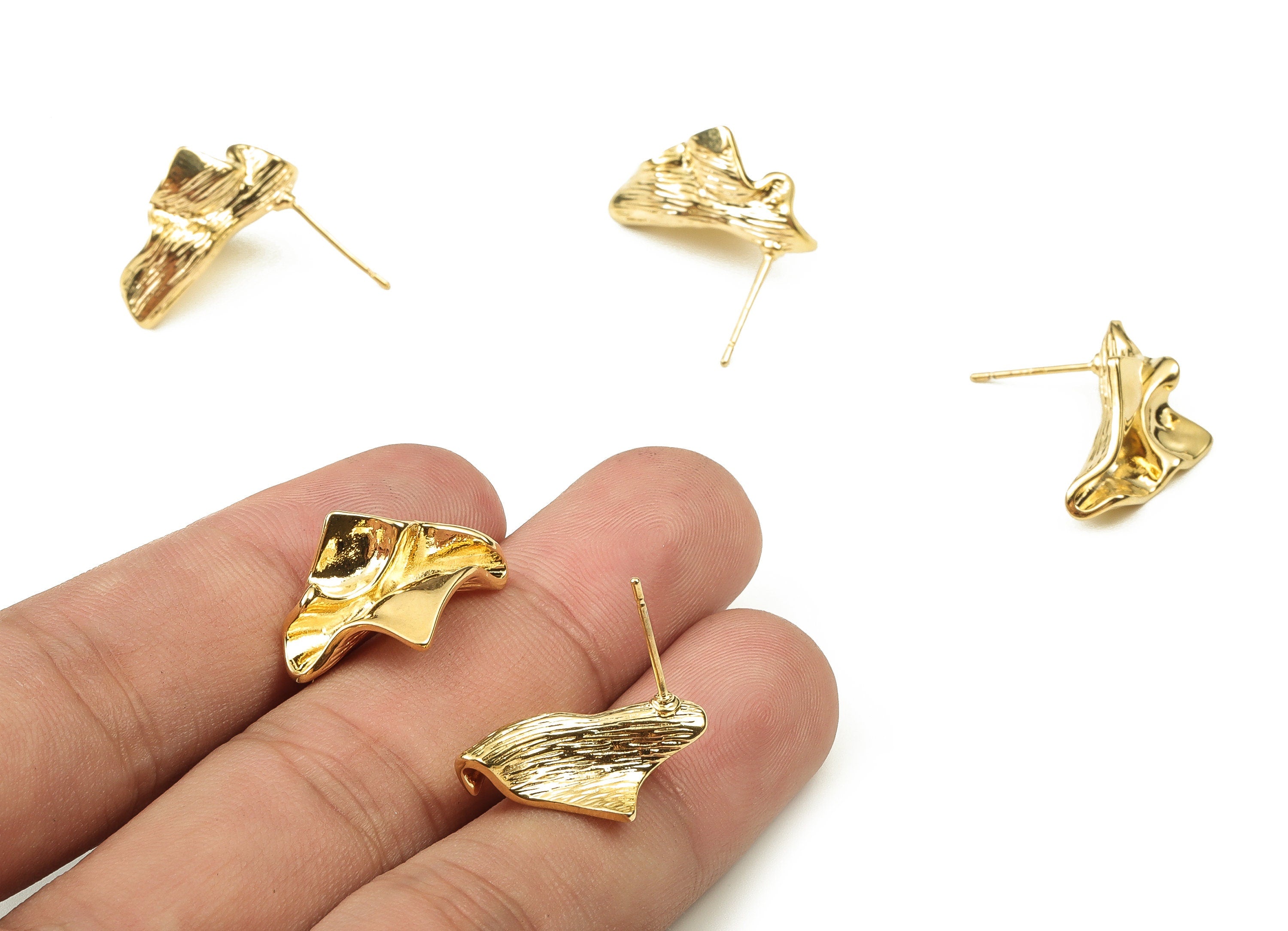 Brass Geometry Earring Post - Gold Geometry Earring Stud - 18K Real Gold Plated Brass - Stainless Steel Stud - 21.38x14.54x7.18mm - RGP3410 - DOMEDBAZAAR