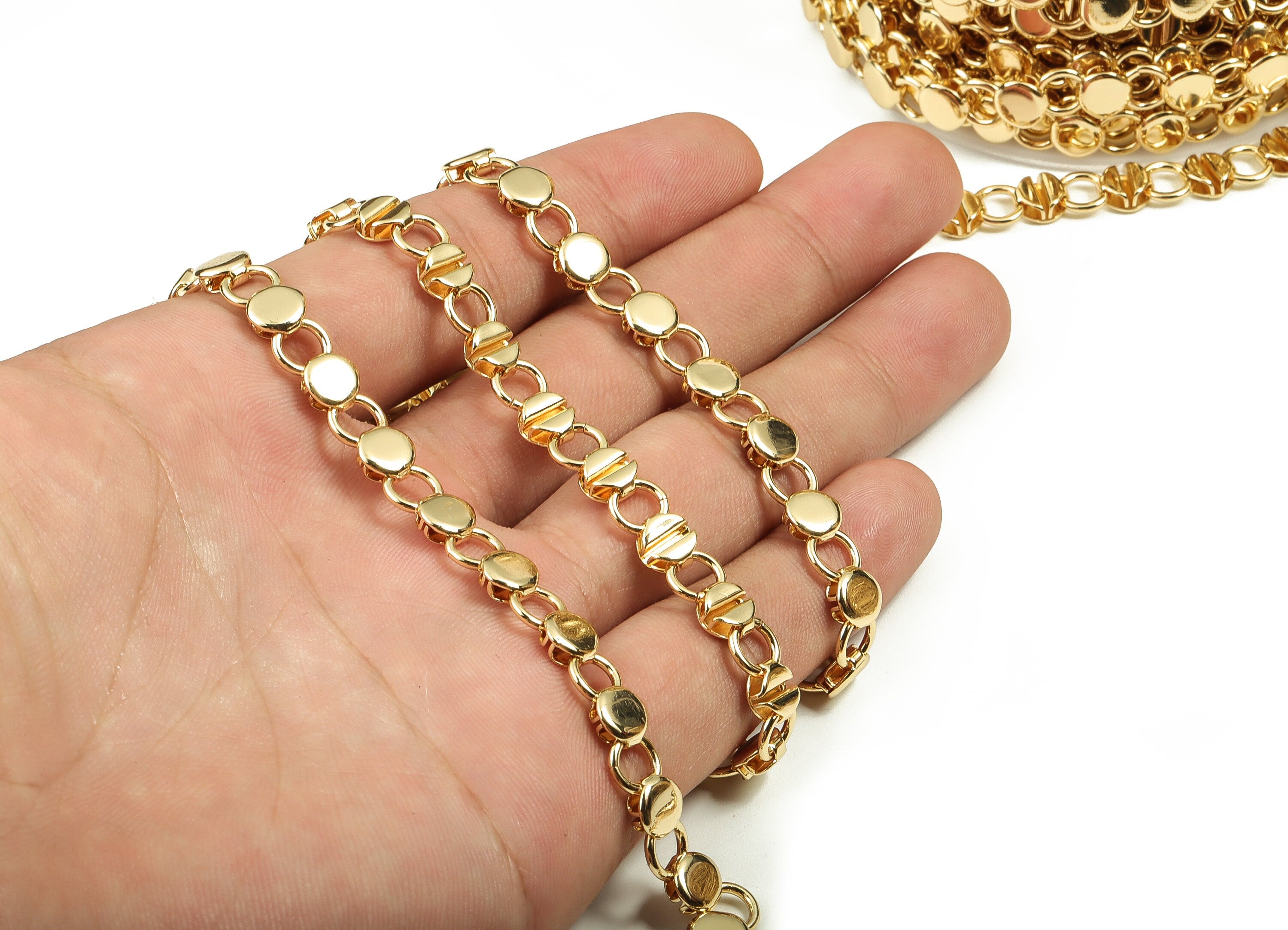 Gold Round Disc Chain - 18 Real Gold Textured Round Soldered Chain - For Necklace Bracelet 0.67" x 0.28" x 0.12" RGP3662 - DOMEDBAZAAR