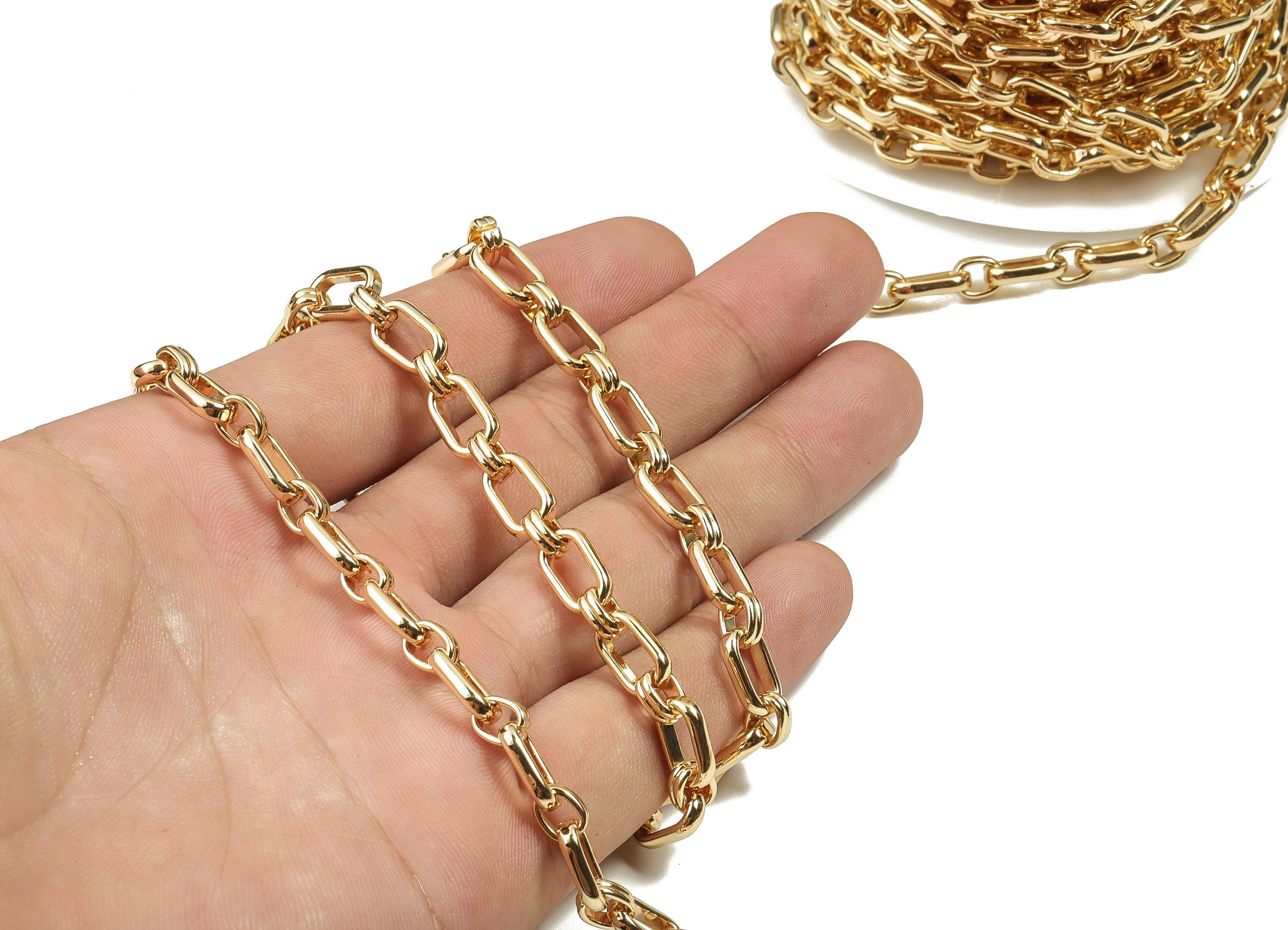 Brass Oval Rectangle Paper Clip Layering Chain - 18 Real Gold Textured Oval Rolo Chain - Soldered Cable Chain 1.11" x 0.31" x 0.10"RGP3663 - DOMEDBAZAAR