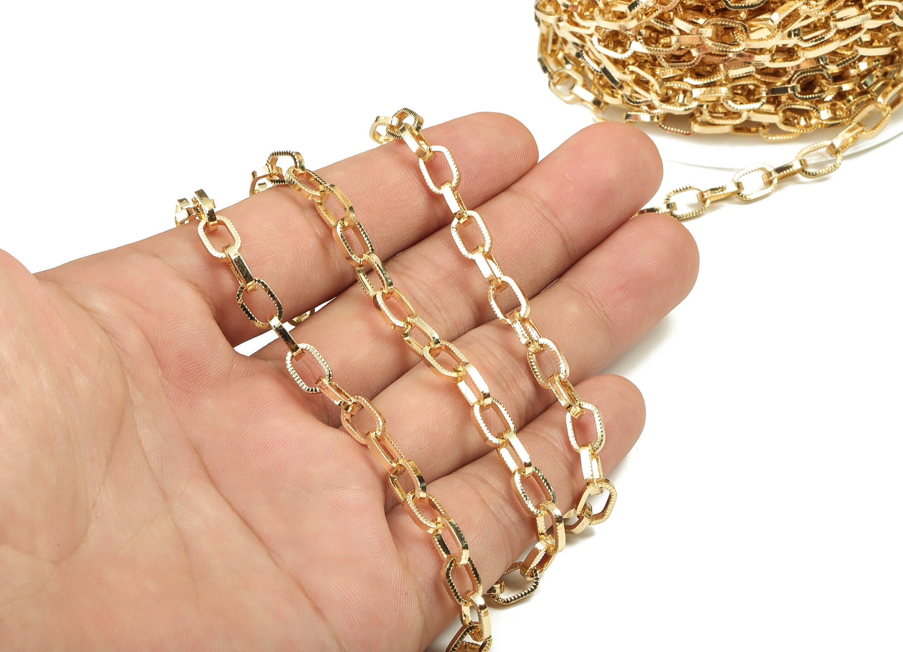 Brass Oval Rectangle Paper Clip Layering Chain - 18 Real Gold Textured Oval Rolo Chain - Openlink Cable Chain 0.34" x 0.22" x 0.06" RGP3665 - DOMEDBAZAAR