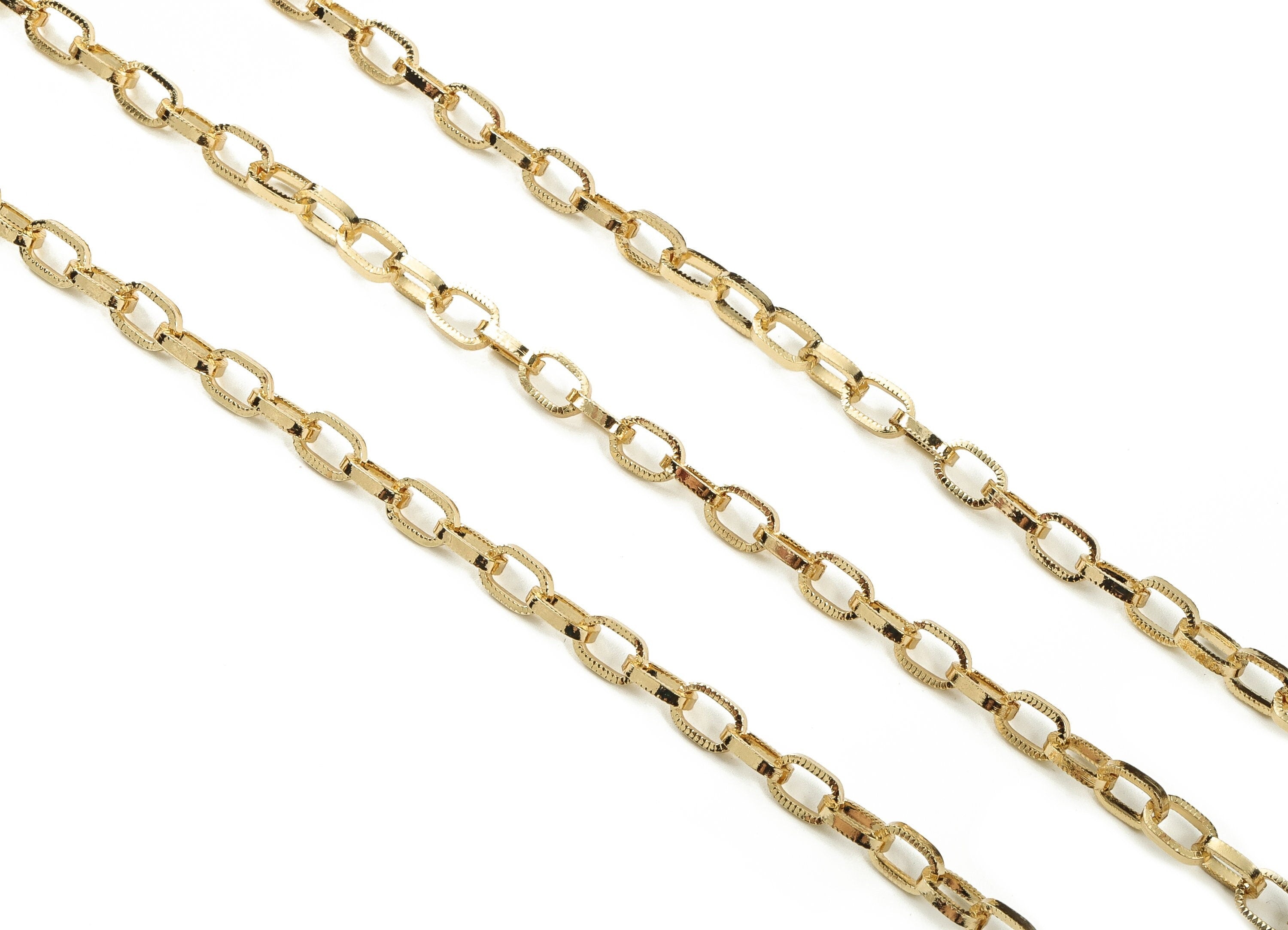 Brass Oval Rectangle Paper Clip Layering Chain - 18 Real Gold Textured Oval Rolo Chain - Openlink Cable Chain 0.34" x 0.22" x 0.06" RGP3665 - DOMEDBAZAAR