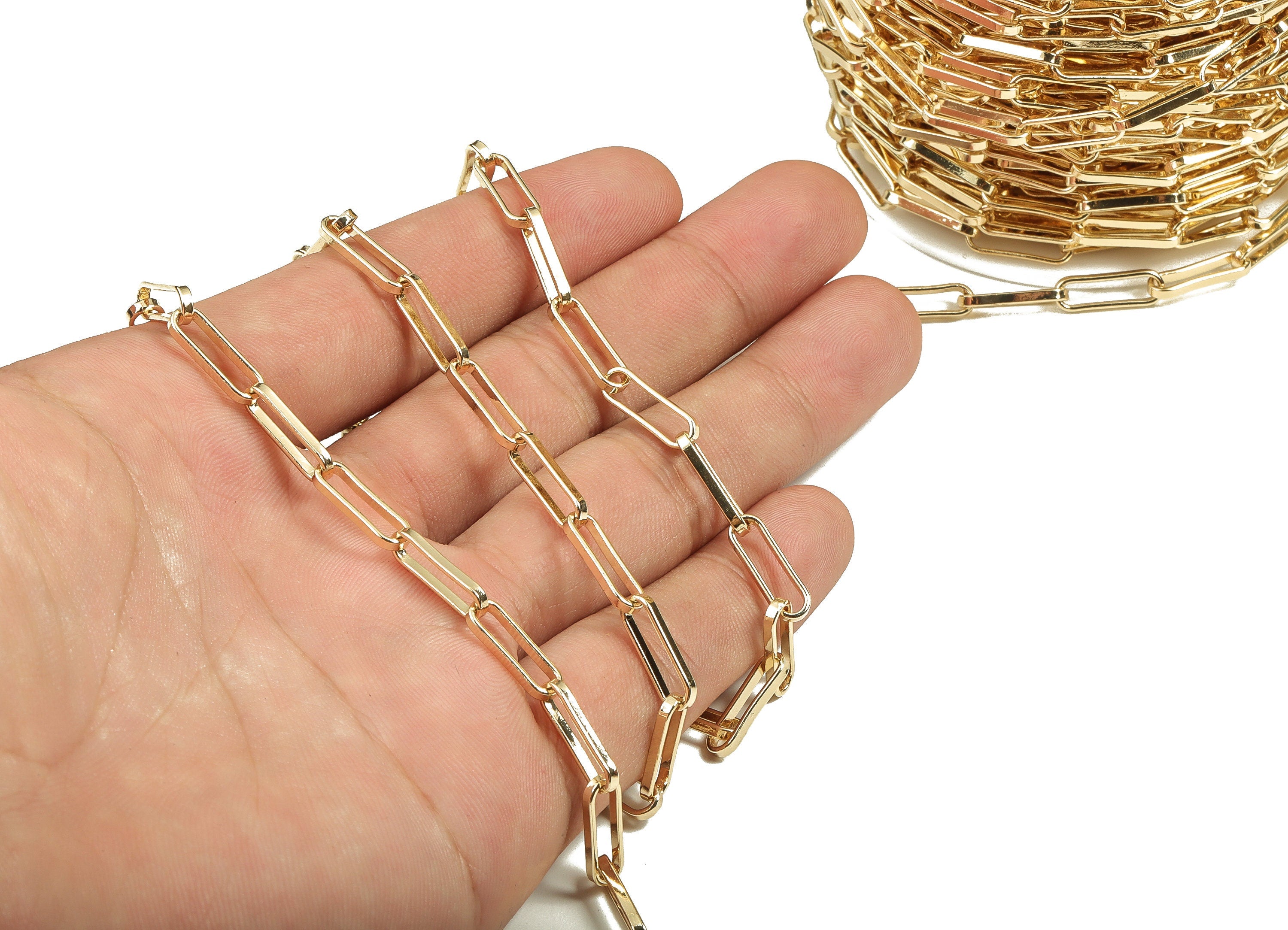 Brass Oval Rectangle Paper Clip Layering Chain - 18K Real Gold Oval Rolo Chain - Soldered Flat Cable Chain 0.56" x 0.19" x 0.06" RGP3692 - DOMEDBAZAAR