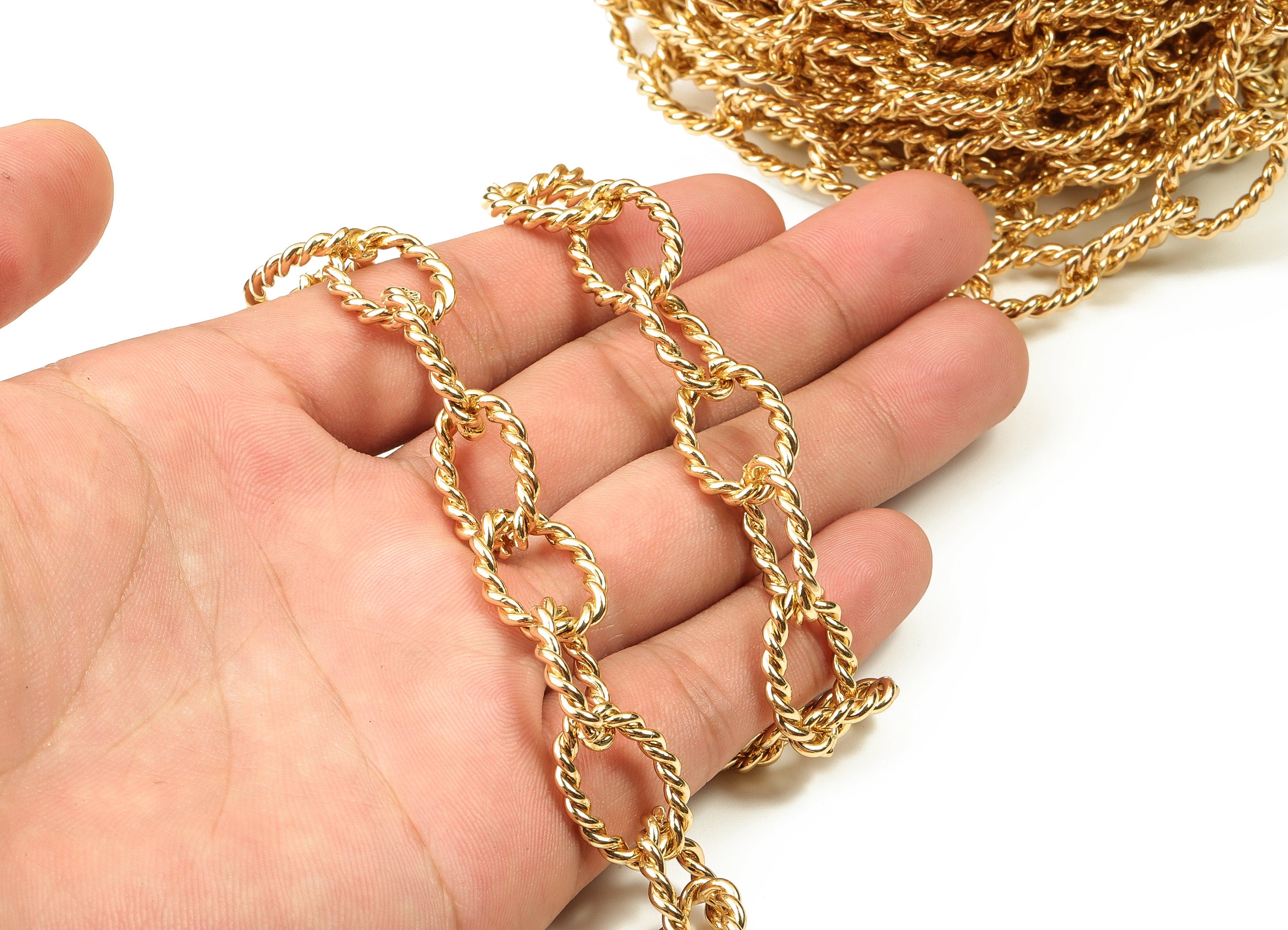 Brass Textured Oval Chain - 18K Real Gold Large Oval Textured Chain - Openlink Cable Chain - For Necklace Bracelet 0.80"x0.56"x0.11" RGP3695 - DOMEDBAZAAR