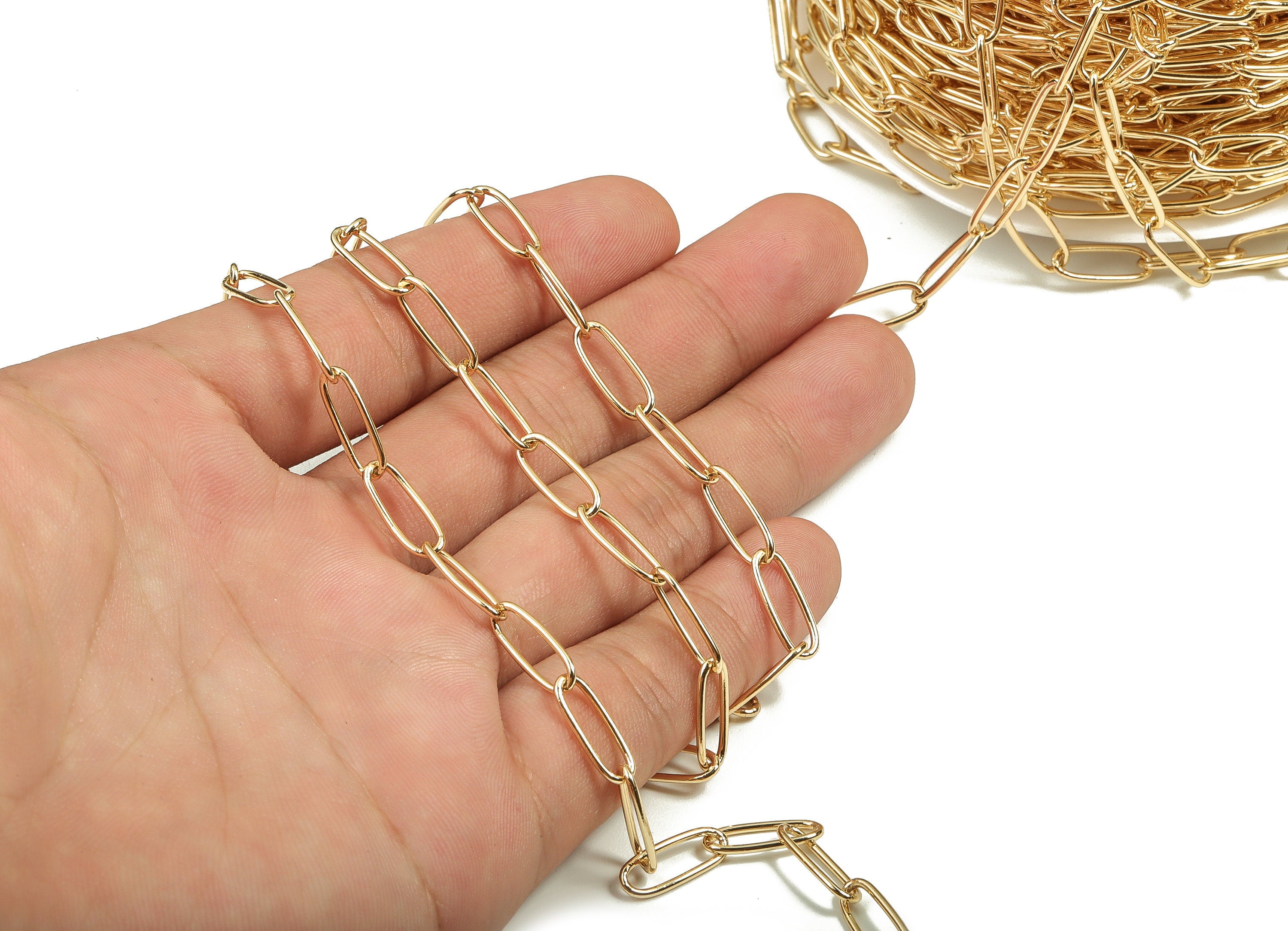 Brass Oval Rectangle Paper Clip Layering Chain - 18 Real Gold Oval Chain - Soldered Cable Chain 0.55" x 0.21" x 0.08" RGP3944 - DOMEDBAZAAR