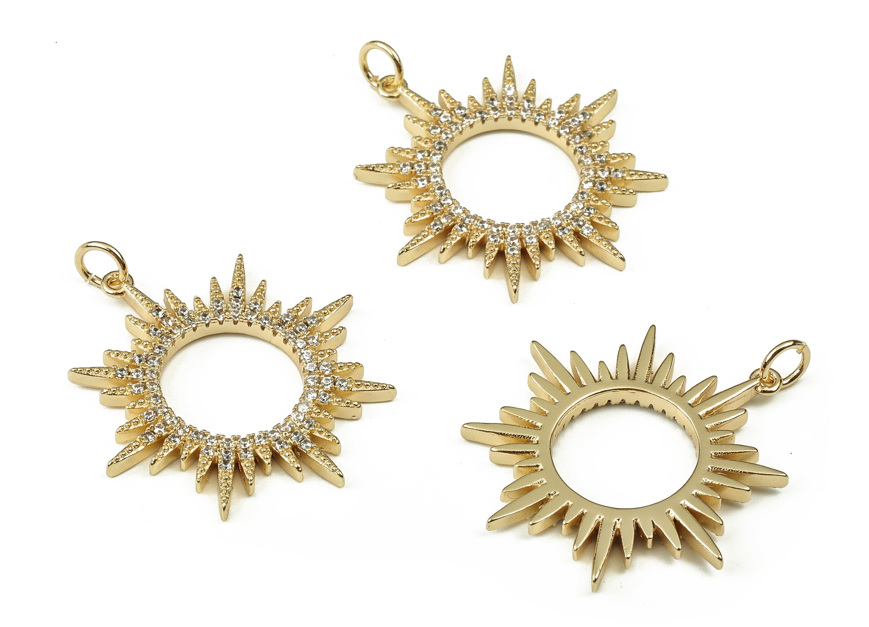 Brass Sun Earring Charms With Zircons - Gold Sun Pendant - 18K Real Gold Plated Brass - Jewelry Making Supplies - 27x25.2x2.06mm - RGP3415 - DOMEDBAZAAR