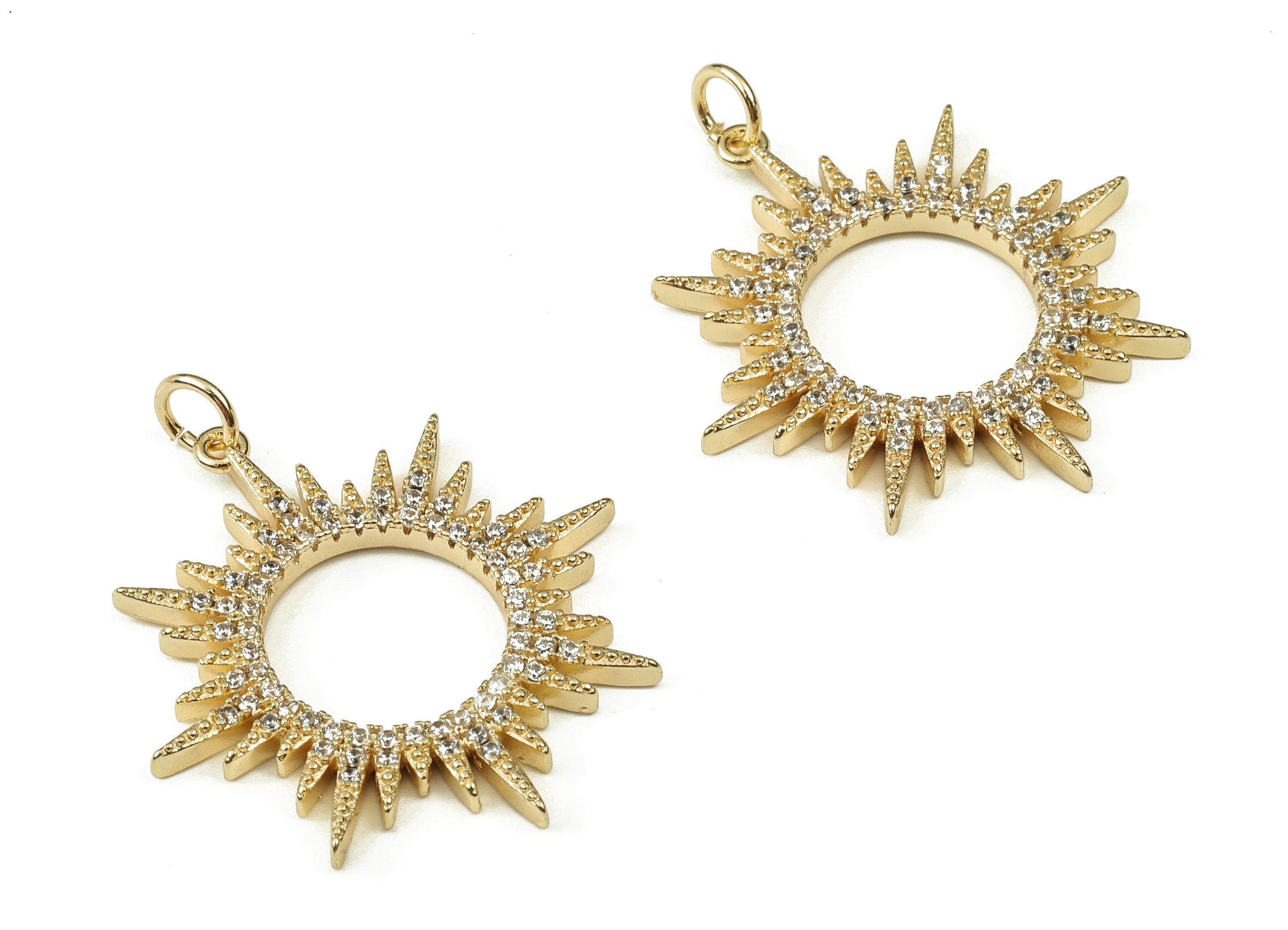 Brass Sun Earring Charms With Zircons - Gold Sun Pendant - 18K Real Gold Plated Brass - Jewelry Making Supplies - 27x25.2x2.06mm - RGP3415 - DOMEDBAZAAR