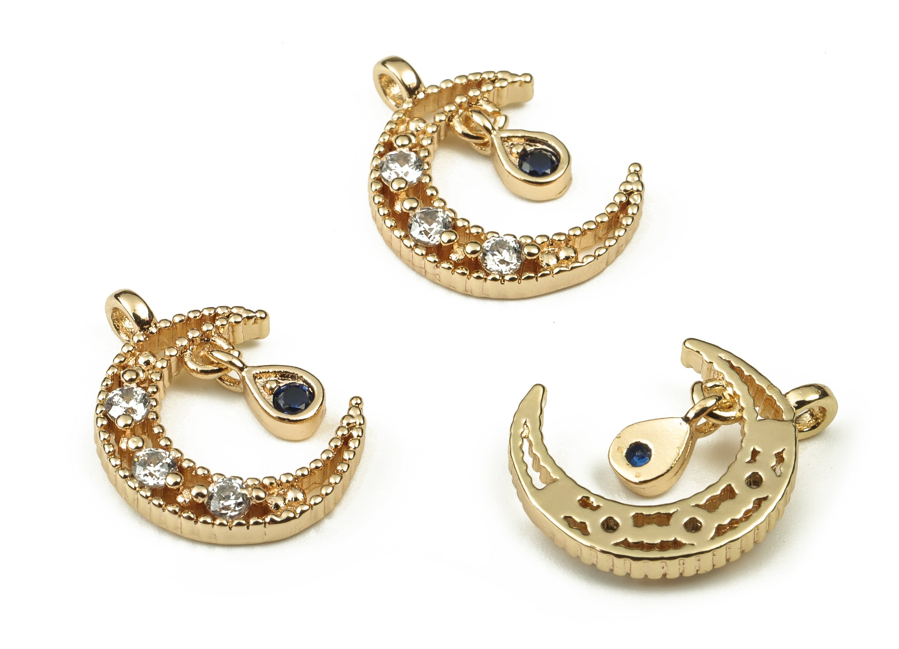 Brass Crescent Earring Charms With Zircons - Gold Moon Pendant - 18K Real Gold Plated Brass - Jewelry Supplies - 14.79x11.08x2.2mm - RGP3744 - DOMEDBAZAAR