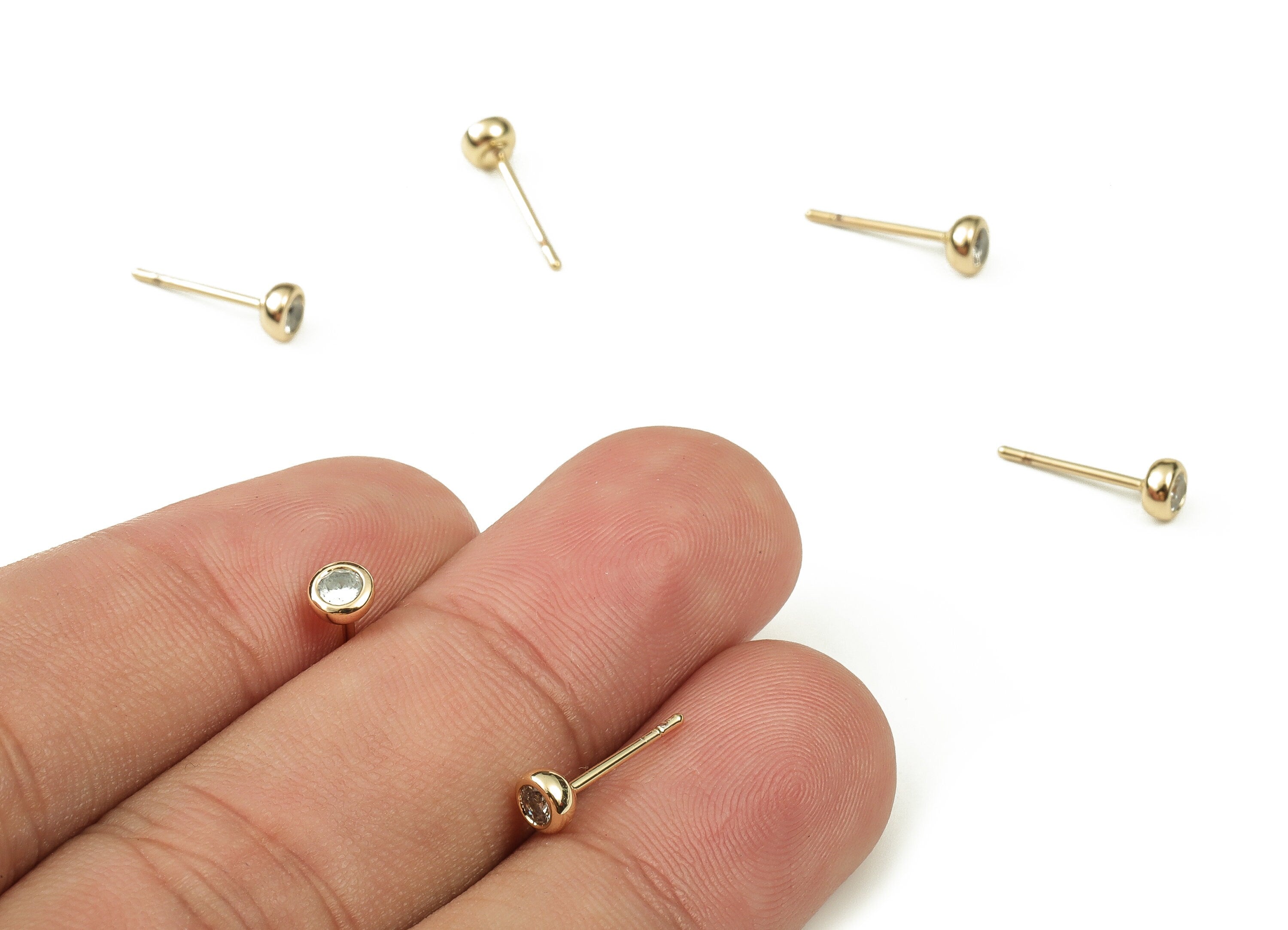 Brass Round Earring Stud With Zircon - Gold Circle Earring Post - Stainless Steel Stud - 18K Real Gold Plated Brass – 4.1x4.1x2mm - RGP3758 - DOMEDBAZAAR