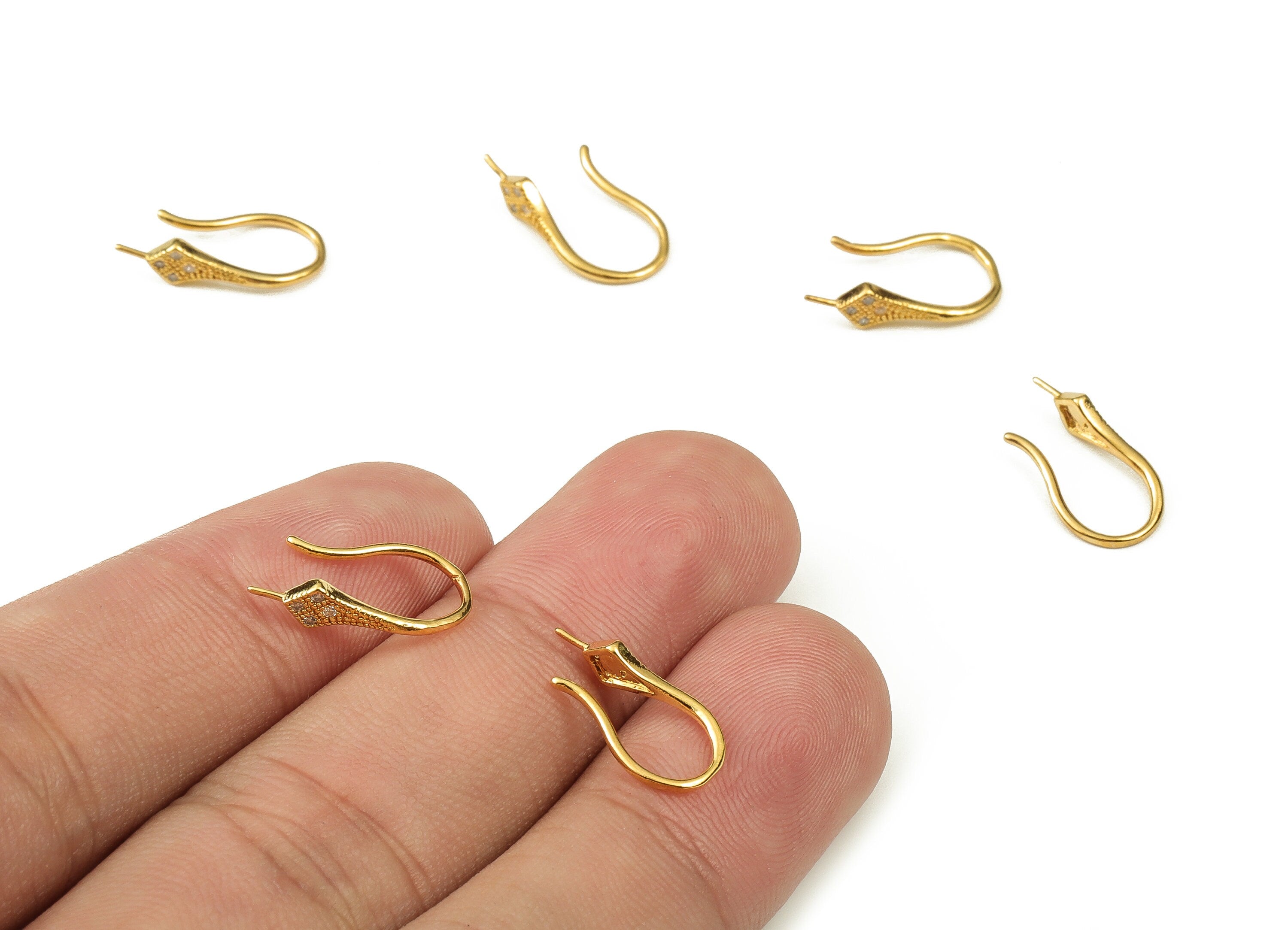 Brass Earring Wires With Zircons - Gold Earring Hooks - 18K Real Gold Plated Brass - Jewellery Making Supplies - 15.97x8.24x1.41mm - RGP3755 - DOMEDBAZAAR