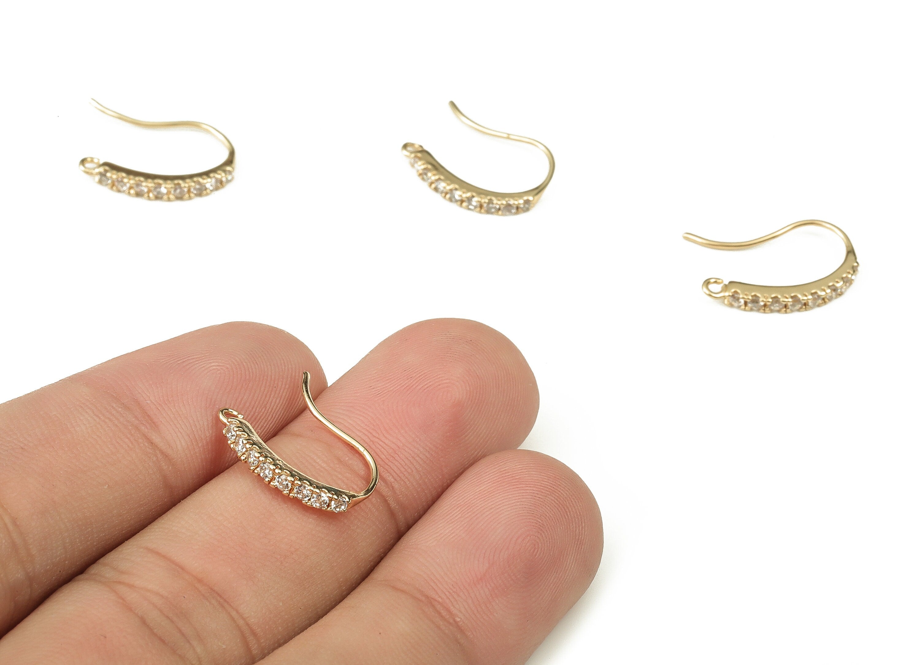 Brass Earring Wires With Zircons - Gold Earring Hooks - 18K Real Gold Plated Brass - Jewellery Making Supplies - 16.68x12.47x2.1mm - RGP3854 - DOMEDBAZAAR