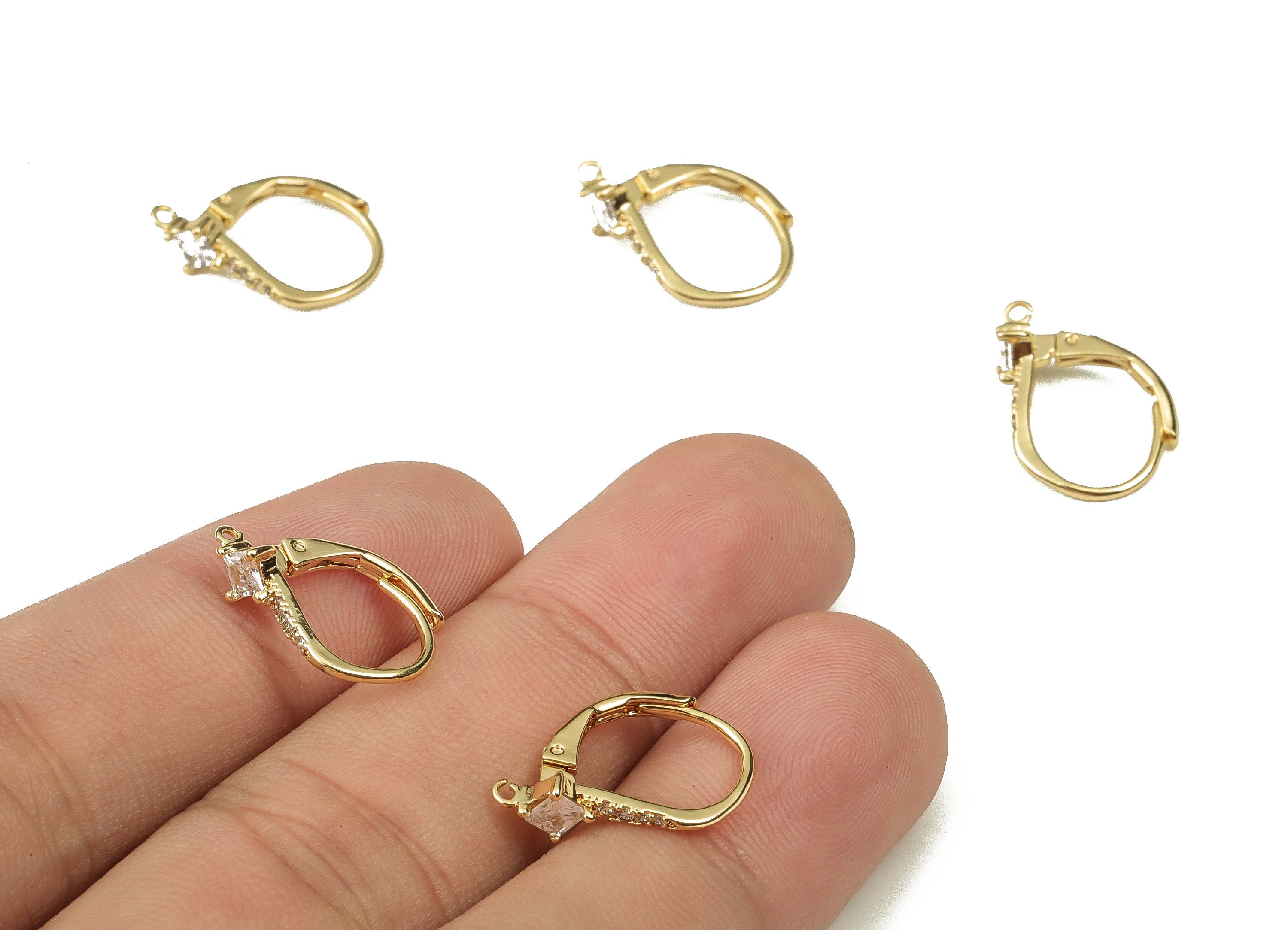 Brass Leverback Earring Clasp With Zircons - Gold Plain Leverback - 18K Real Gold Plated Brass - Jewelry Supplies - 16.79x12x1.7mm - RGP3849 - DOMEDBAZAAR