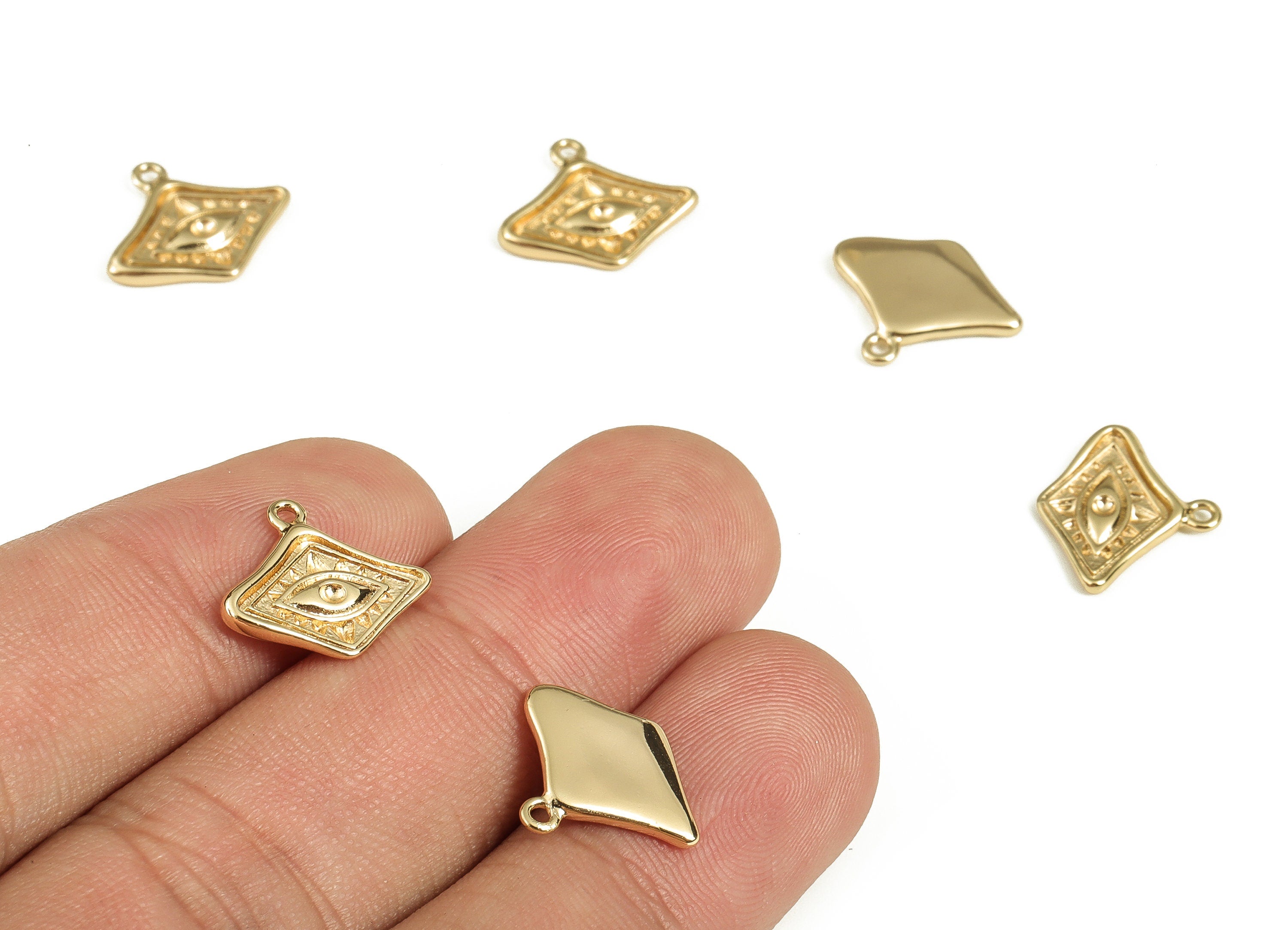 Brass Eye Charms With Zircons - Brass Eye Earring Pendant and Necklace - 18K Real Gold Plated Brass - 14.57x12.46x1.59mm - RGP3538 - DOMEDBAZAAR