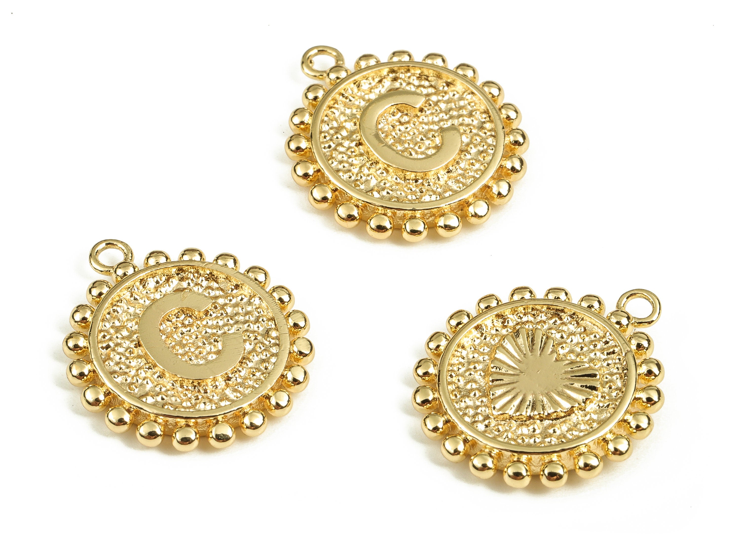 Brass Round Letter C Charms – Initial C Gold Round Pendant – 18K Real Gold Plated Brass – Jewelry Supplies - 18.1x15.78x2.45mm - RGP3774C - DOMEDBAZAAR