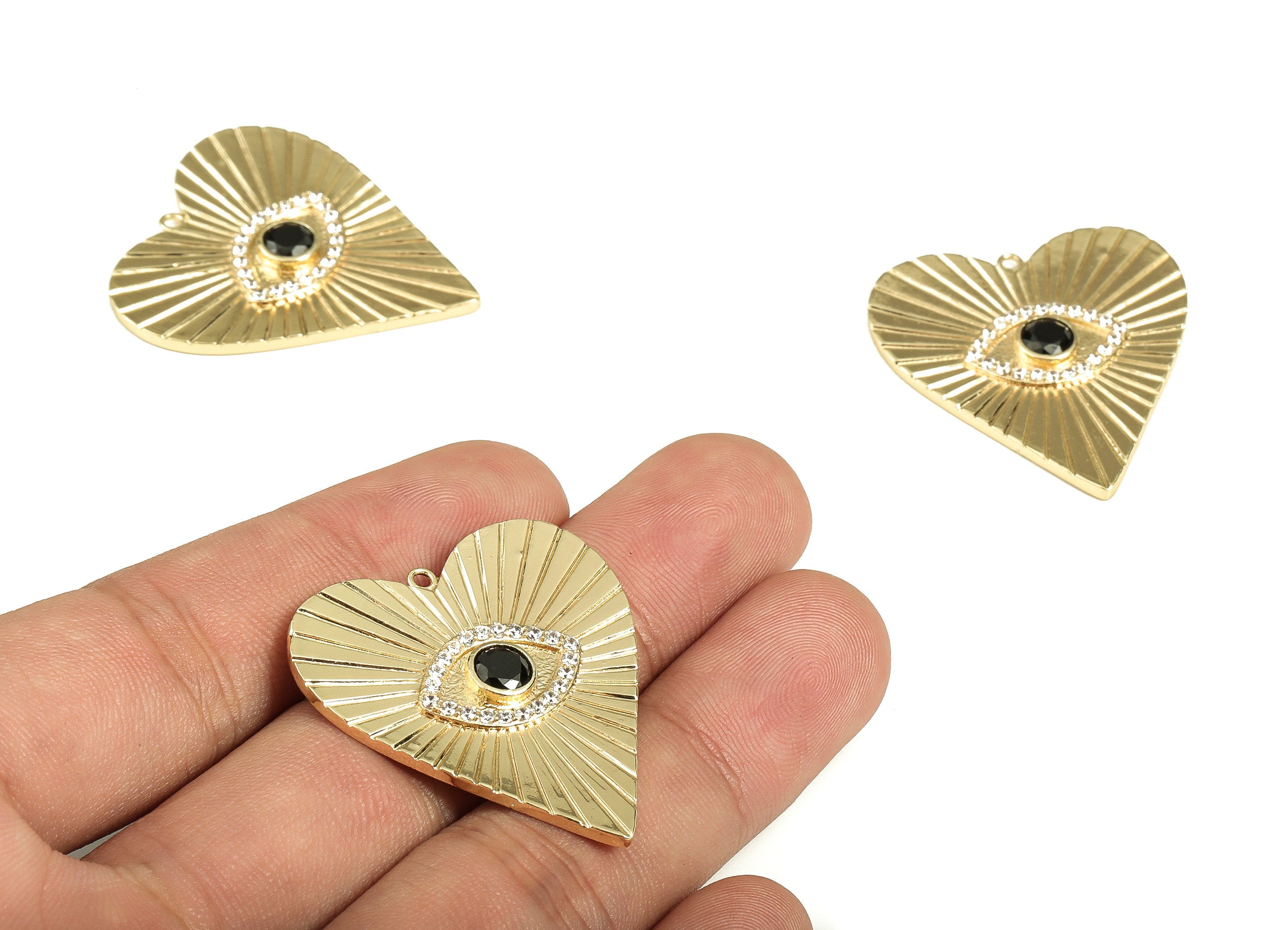 Brass Heart Earring Charms With Zircons - Gold Eye Pendant - 18K Real Gold Plated Brass - Jewelry Supplies - 35.05x32.24x3.1mm - RGP3541 - DOMEDBAZAAR