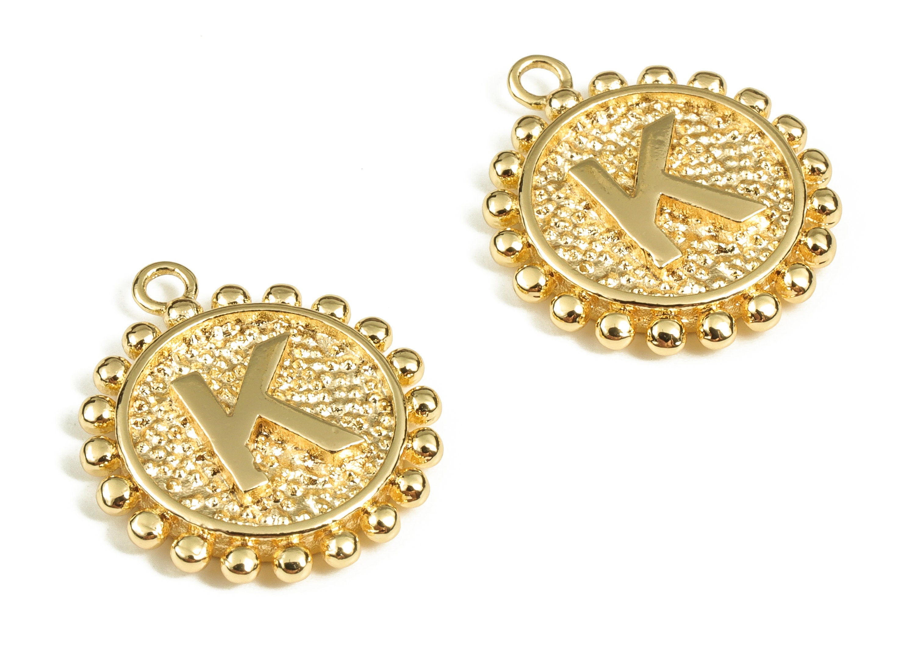 Brass Round Letter K Charms – Initial K Gold Round Pendant – 18K Real Gold Plated Brass – Jewelry Supplies - 18.04x15.83x2.58mm - RGP3774K - DOMEDBAZAAR