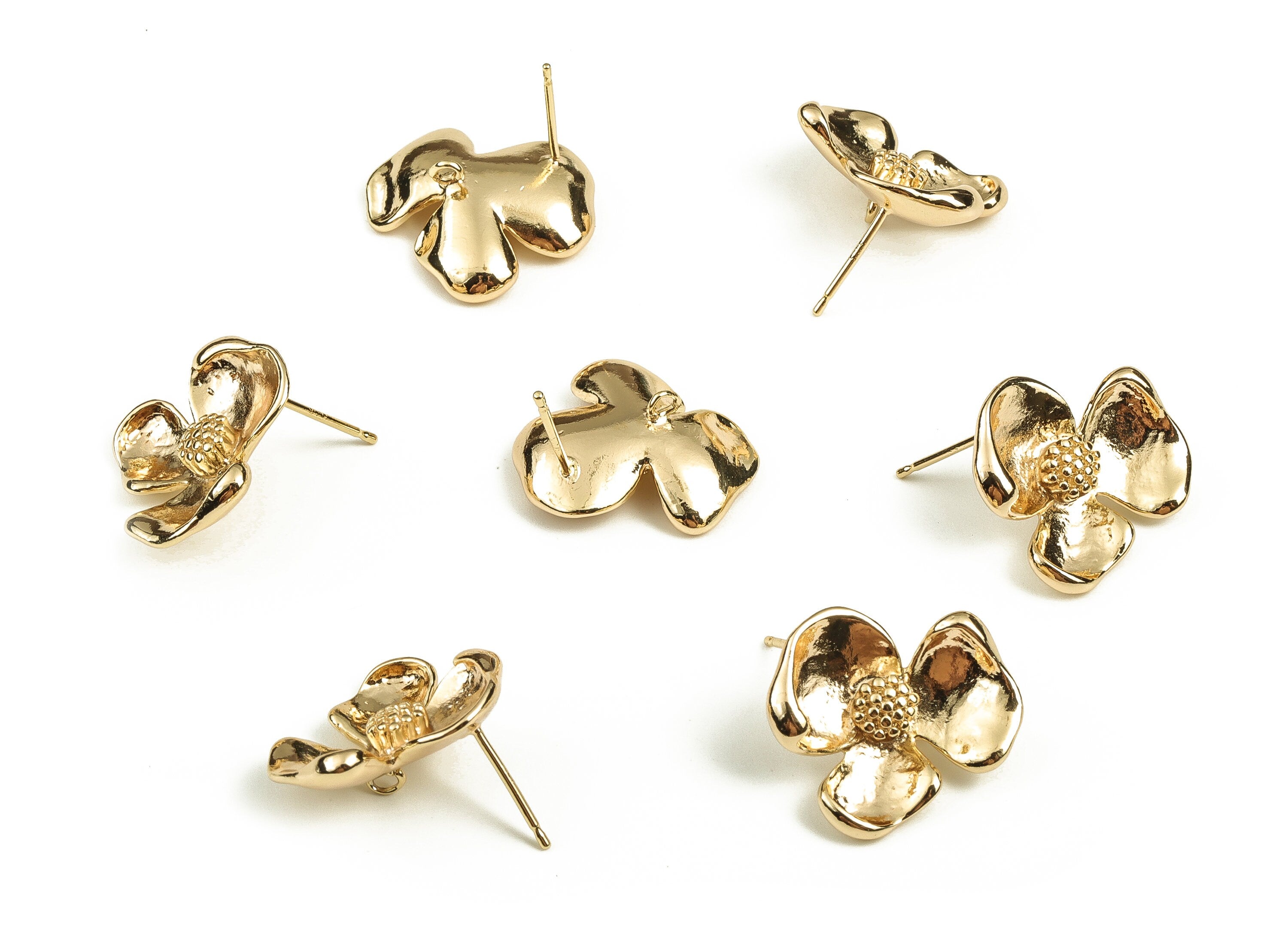 Brass Flower Earring Post - Gold Flower Earring Stud - 18K Real Gold Plated Brass - Silver Stud - Jewelry Supplies - 20x17.8x4.2mm - RGP3801 - DOMEDBAZAAR