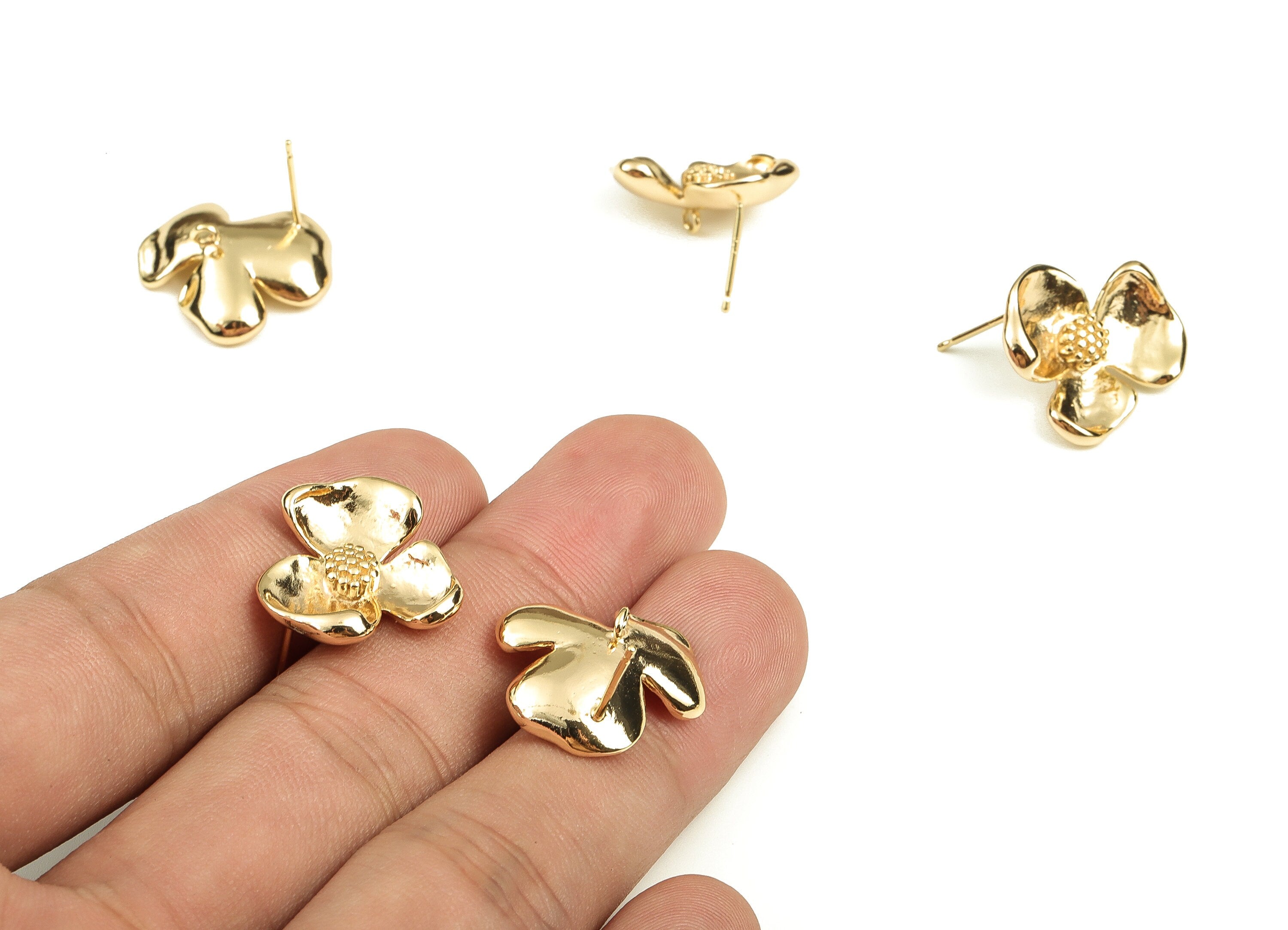 Brass Flower Earring Post - Gold Flower Earring Stud - 18K Real Gold Plated Brass - Silver Stud - Jewelry Supplies - 20x17.8x4.2mm - RGP3801 - DOMEDBAZAAR