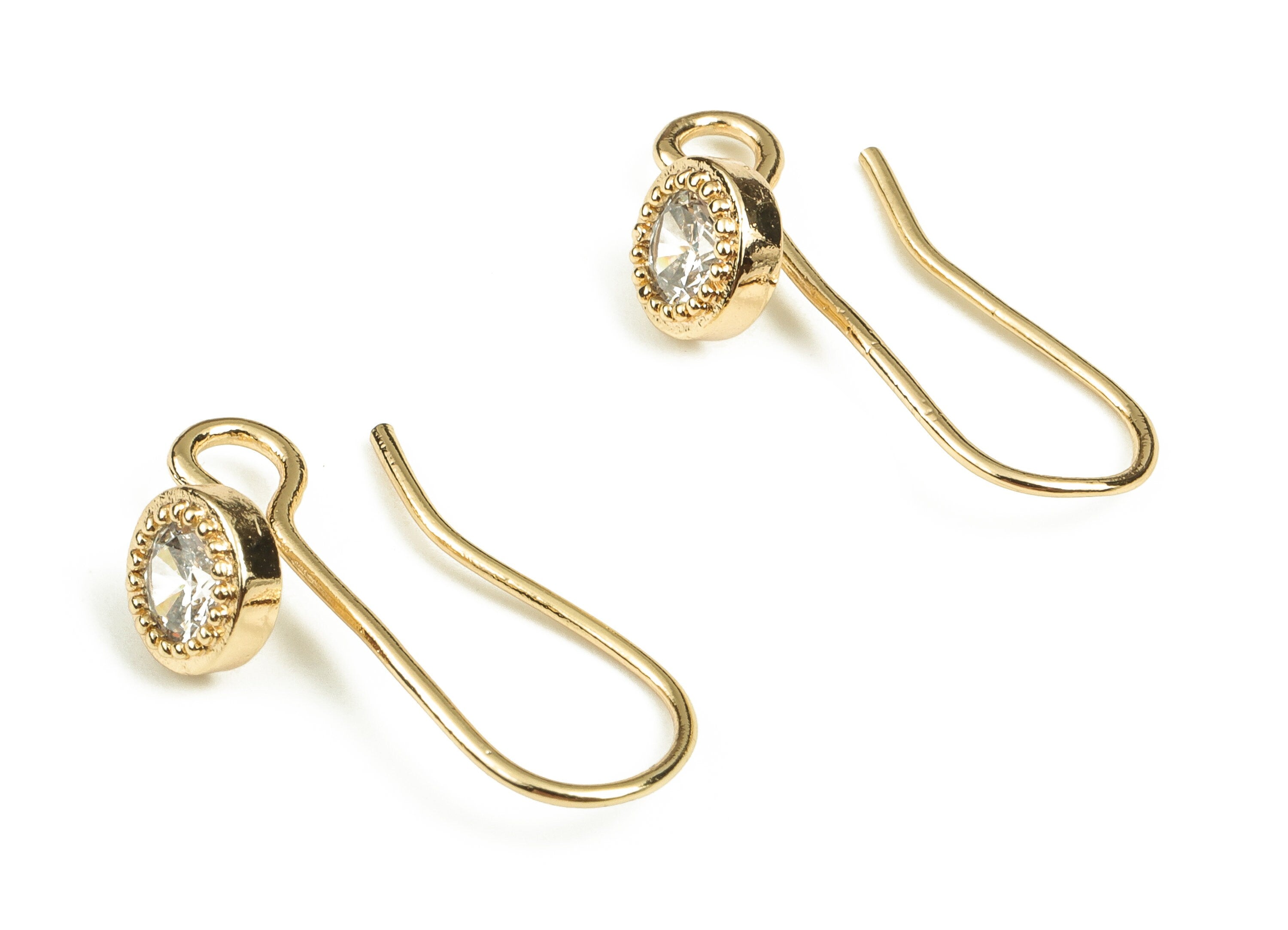 Brass Earring Wires With Zircons - Gold Earring Hooks - 18K Real Gold Plated Brass - Jewellery Making Supplies - 6.11x5.97x2.37mm - RGP3804 - DOMEDBAZAAR