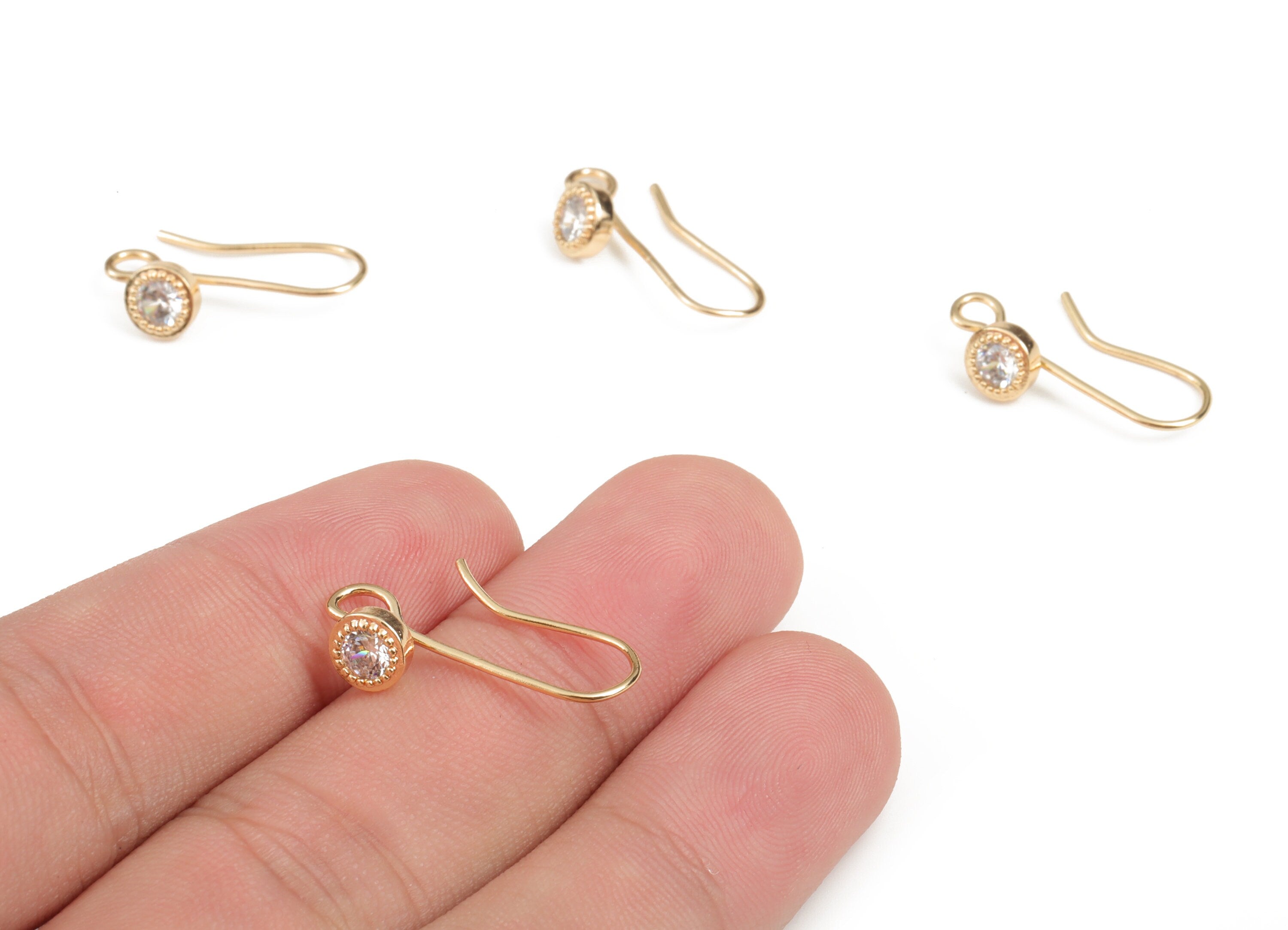 Brass Earring Wires With Zircons - Gold Earring Hooks - 18K Real Gold Plated Brass - Jewellery Making Supplies - 6.11x5.97x2.37mm - RGP3804 - DOMEDBAZAAR