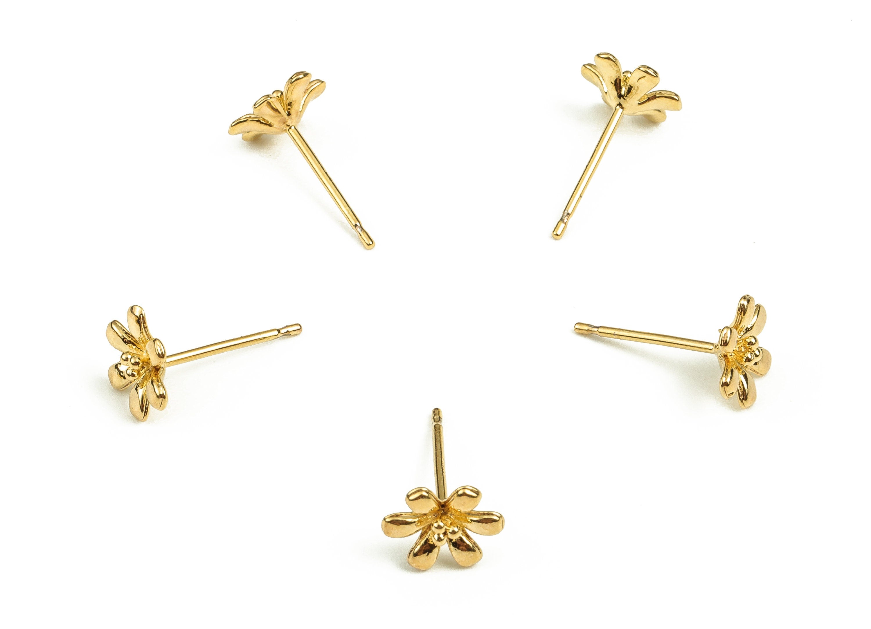 Brass Flower Earring Post - Gold Flower Earring Stud - 18K Real Gold Plated Brass - Stainless Steel Stud - 7.91x7.91x1.35mm - RGP3805 - DOMEDBAZAAR