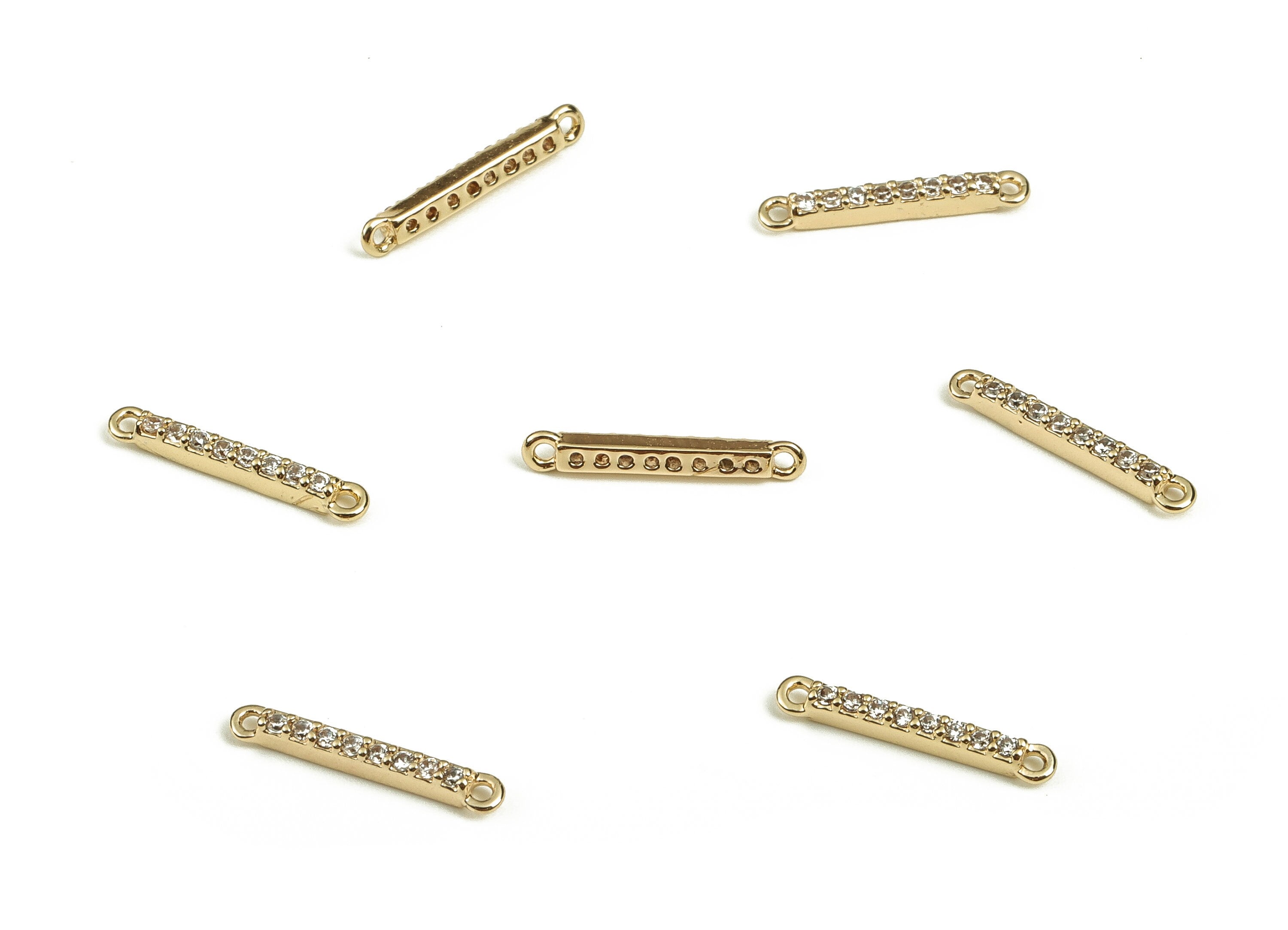 Brass Strip Earring Connector With Zircons - Gold Strip Pendant - 18K Real Gold Plated Brass - Jewelry Supplies - 12.94x1.98x1.4mm - RGP3888 - DOMEDBAZAAR