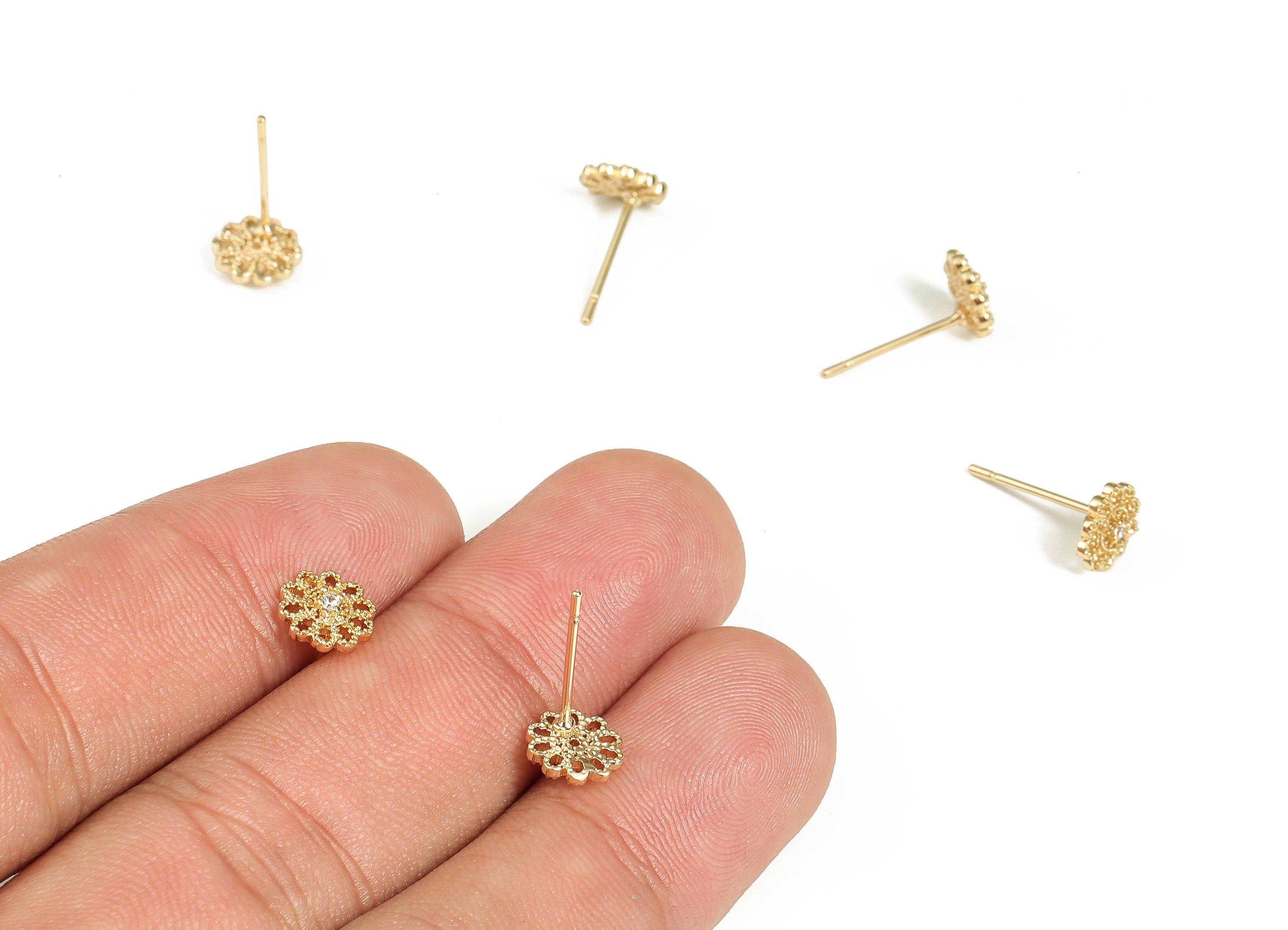 Brass Flower Earring Stud With Zircon - Gold Flower Post - Stainless Steel Stud - 18K Real Gold Plated Brass – 7x7x1.8mm - RGP3502 - DOMEDBAZAAR