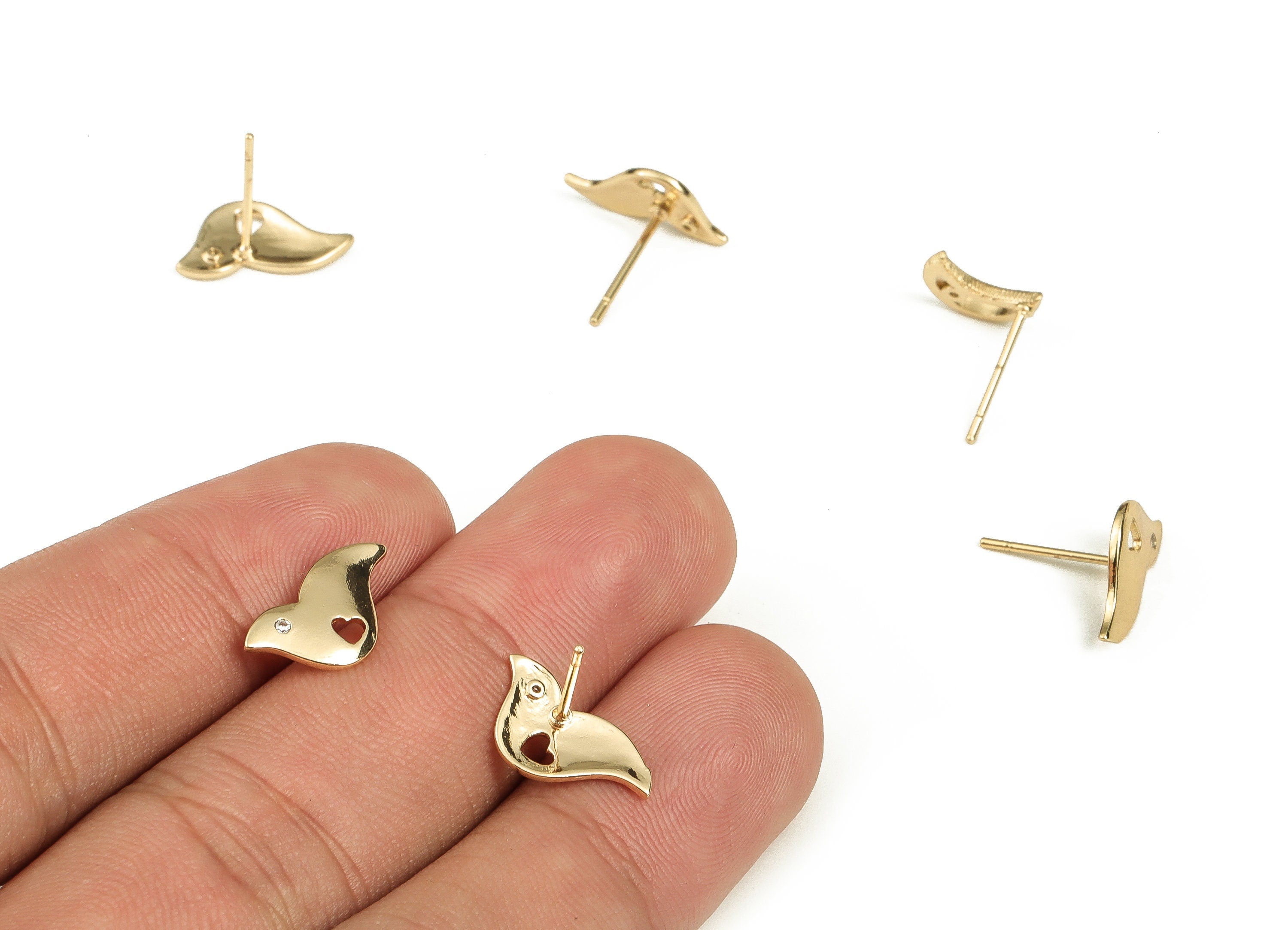 Brass Bird Earring Stud With Zircon - Gold Heart Post - Stainless Steel Stud - 18K Real Gold Plated Brass – 7.8x14.2x1.12mm - RGP3520 - DOMEDBAZAAR